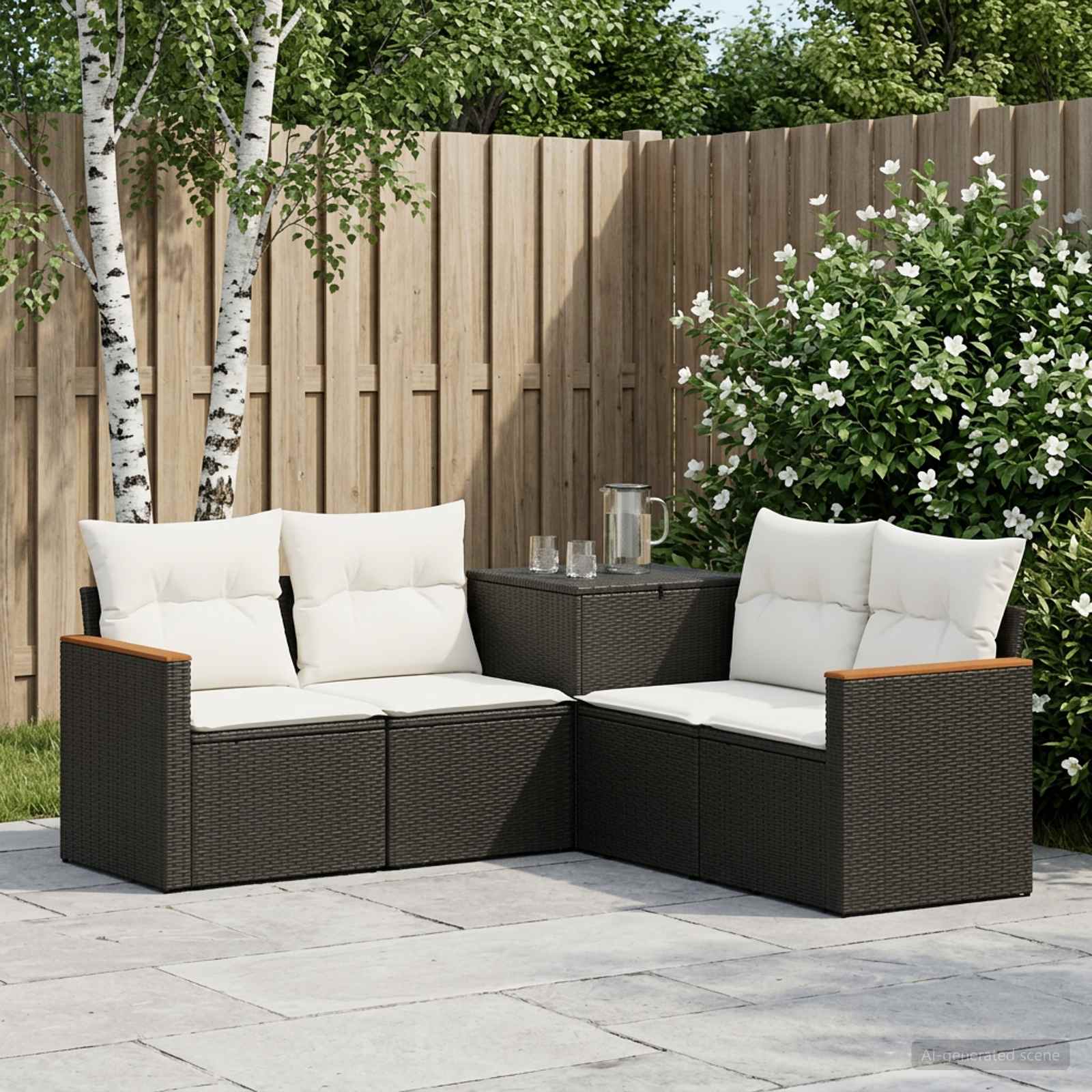 Sofa Set 5 stk. Schwarz und Cremeweiß Polyrattan und Stahl