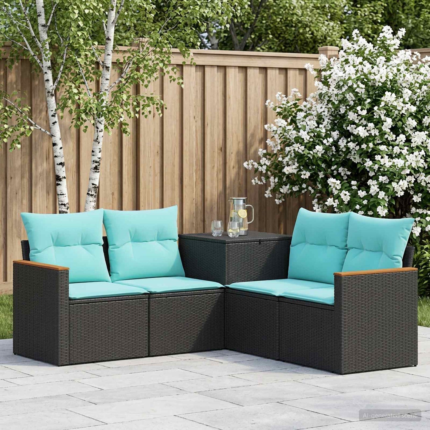 Sofa Set 5 stk. Schwarz und Blau Polyrattan und Stahl