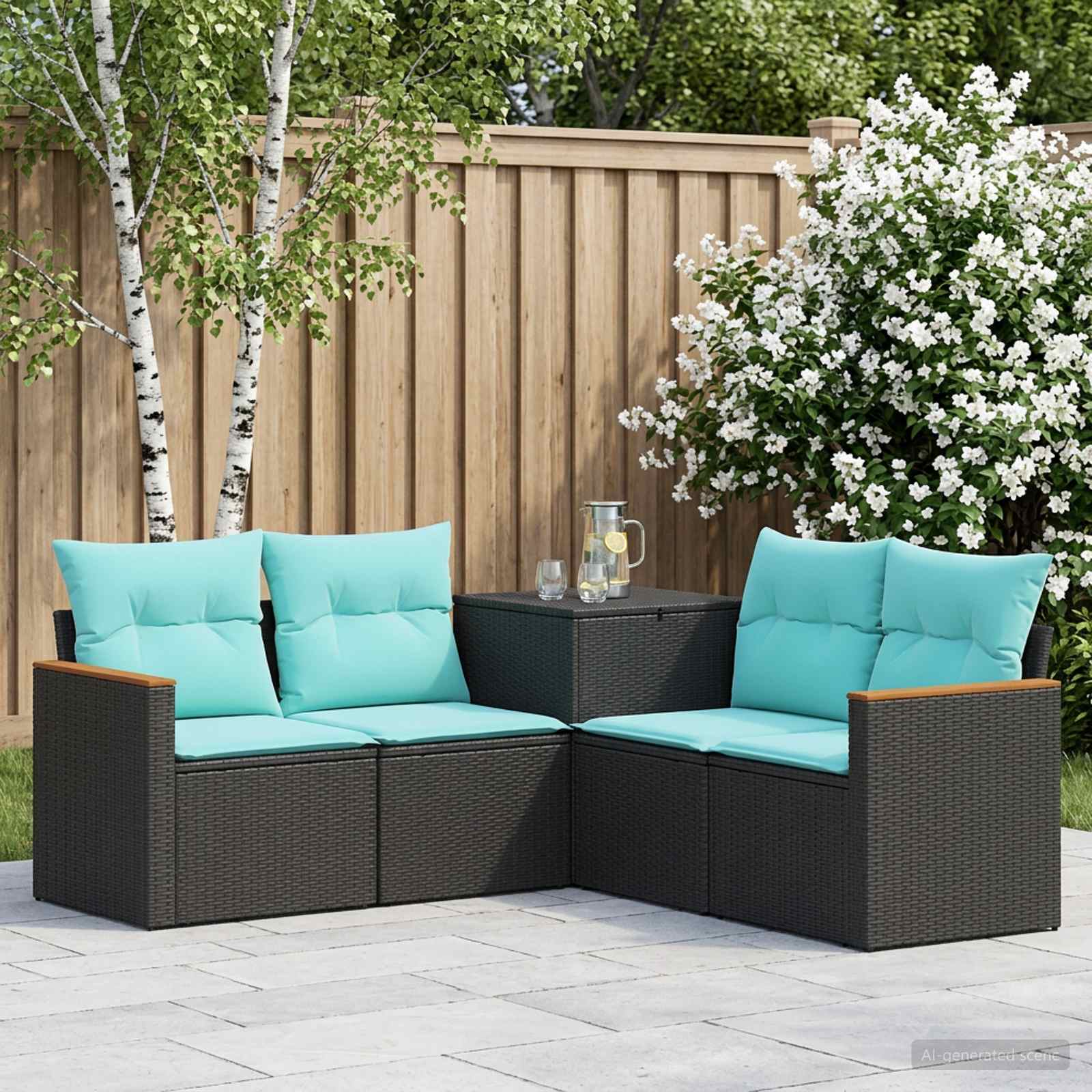 Sofa Set 5 stk. Schwarz und Blau Polyrattan und Stahl