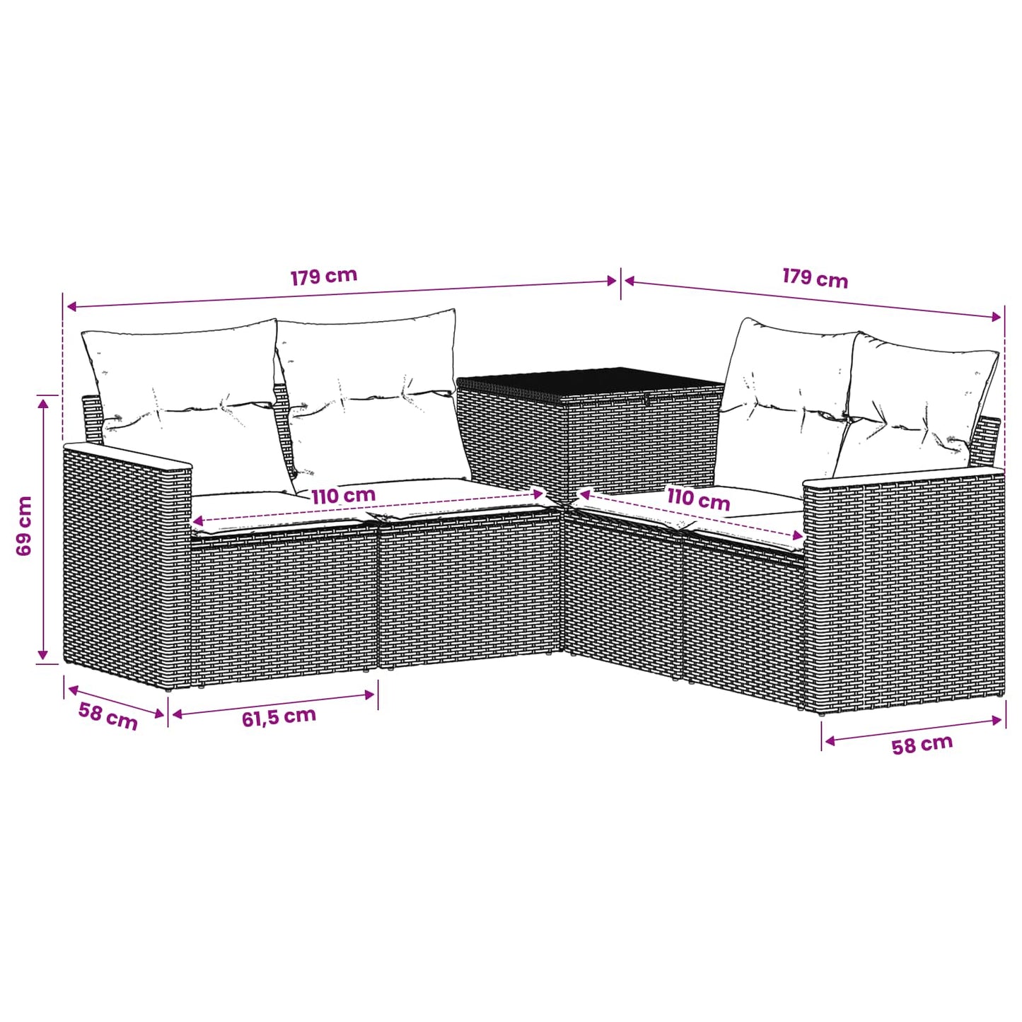 Sofa Set 5 stk. Schwarz und Blau Polyrattan und Stahl