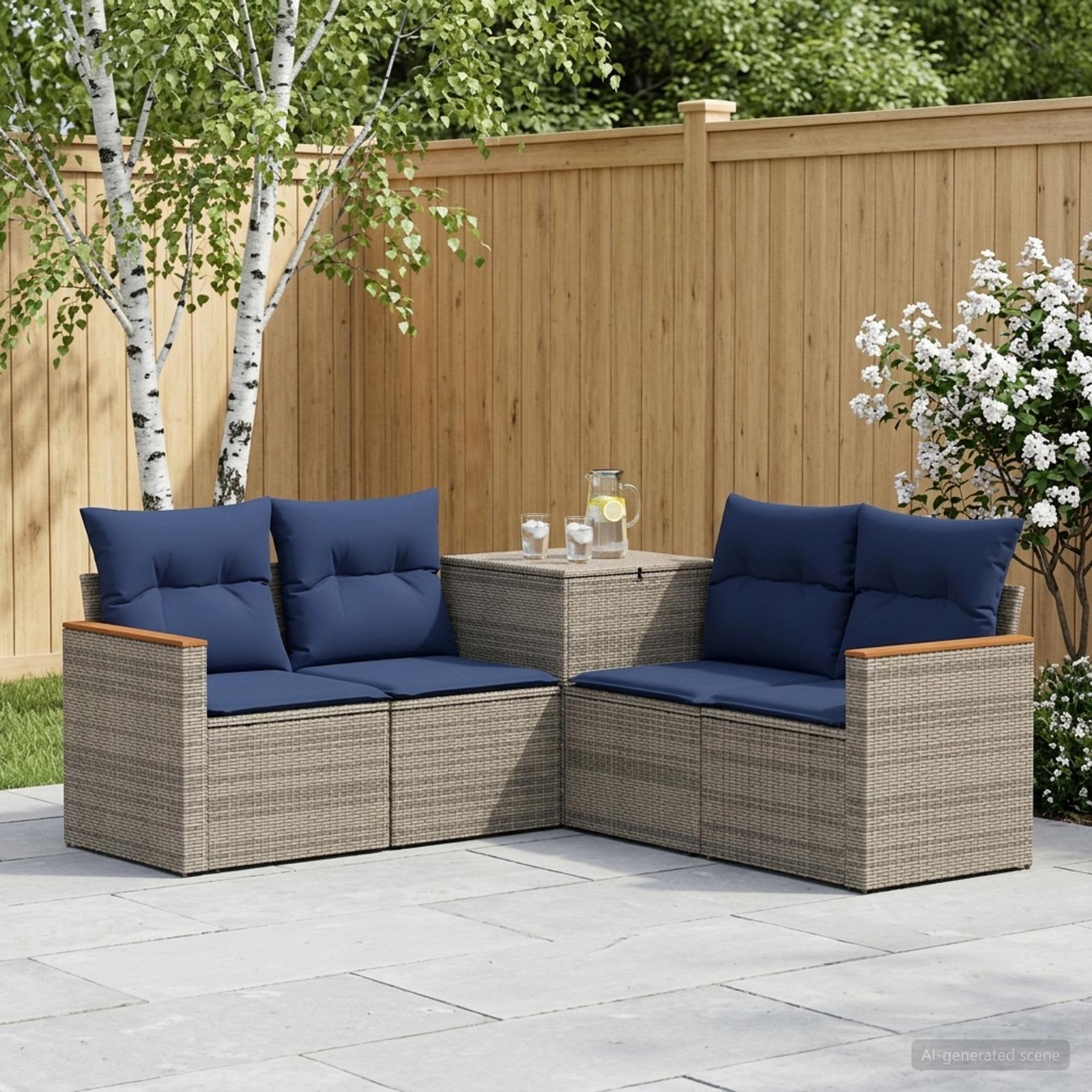 Sofa Set 5 stk. Grau und Marineblau Polyrattan und Stahl