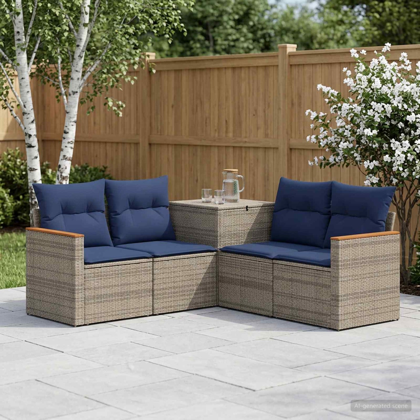 Sofa Set 5 stk. Grau und Marineblau Polyrattan und Stahl