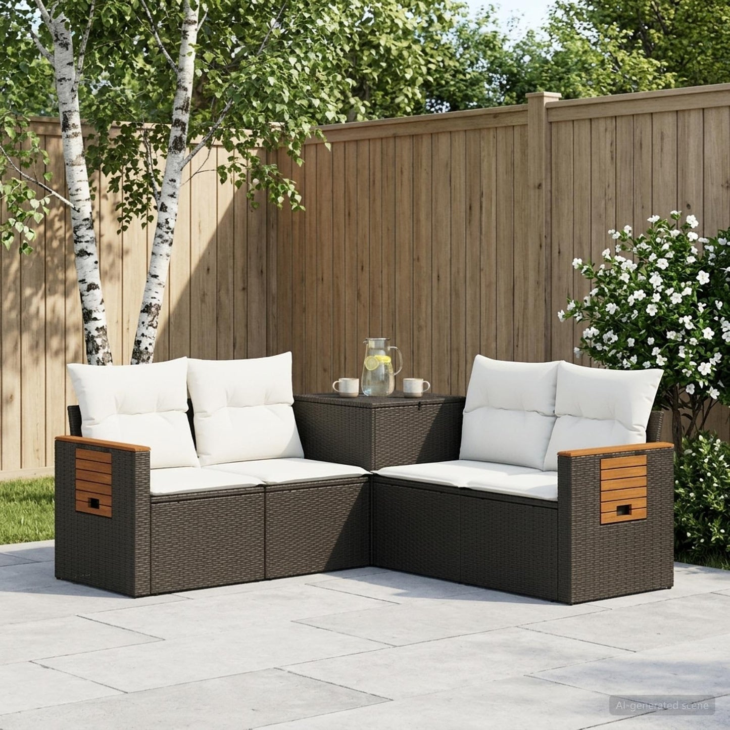 Sofa Set 5 stk. Schwarz und Cremeweiß Polyrattan und Stahl