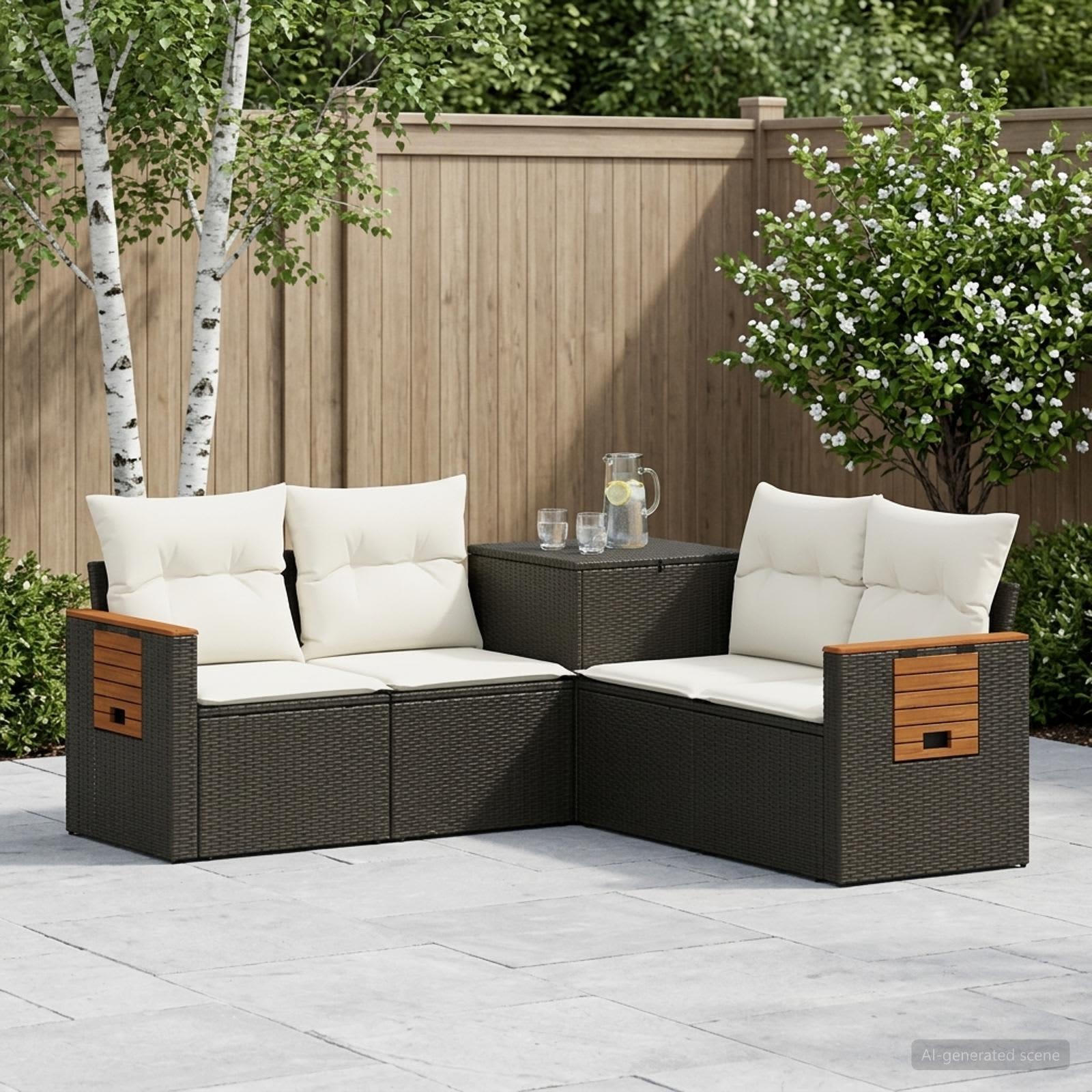 Sofa Set 5 stk. Schwarz und Cremeweiß Polyrattan und Stahl