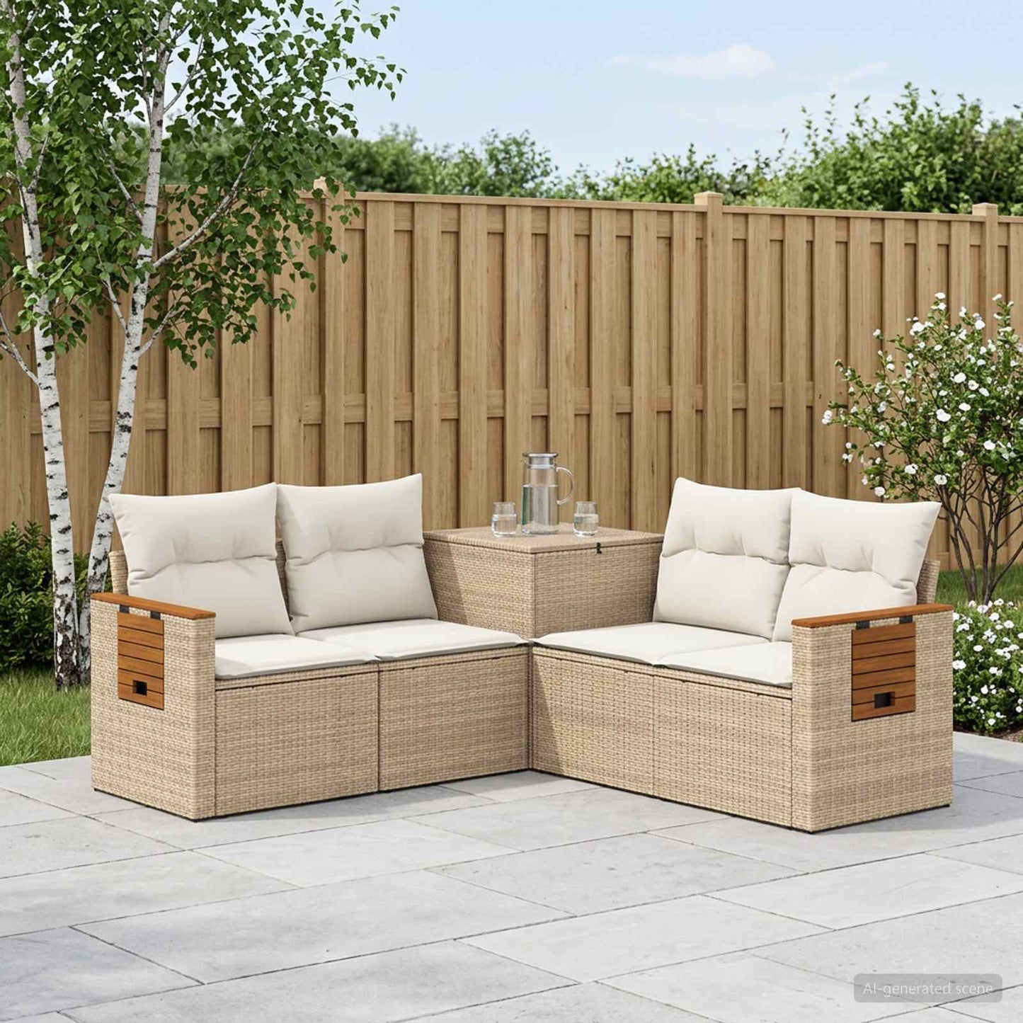 Sofa Set 5 stk. Beige und Cremeweiß Polyrattan und Stahl