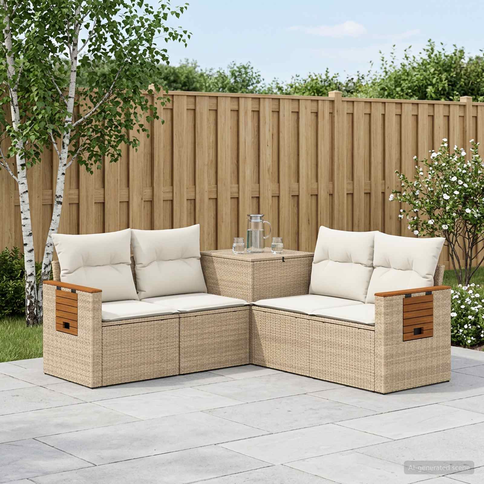 Sofa Set 5 stk. Beige und Cremeweiß Polyrattan und Stahl