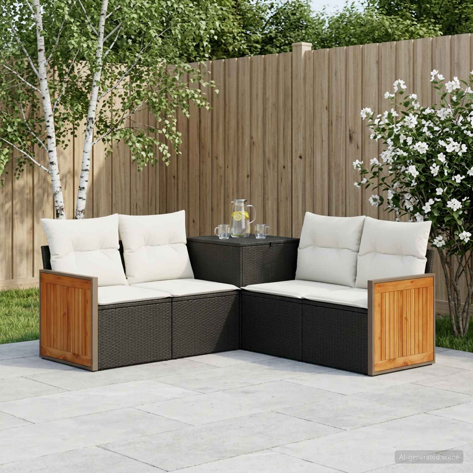 Sofa Set 5 stk. Schwarz und Cremeweiß Polyrattan und Stahl