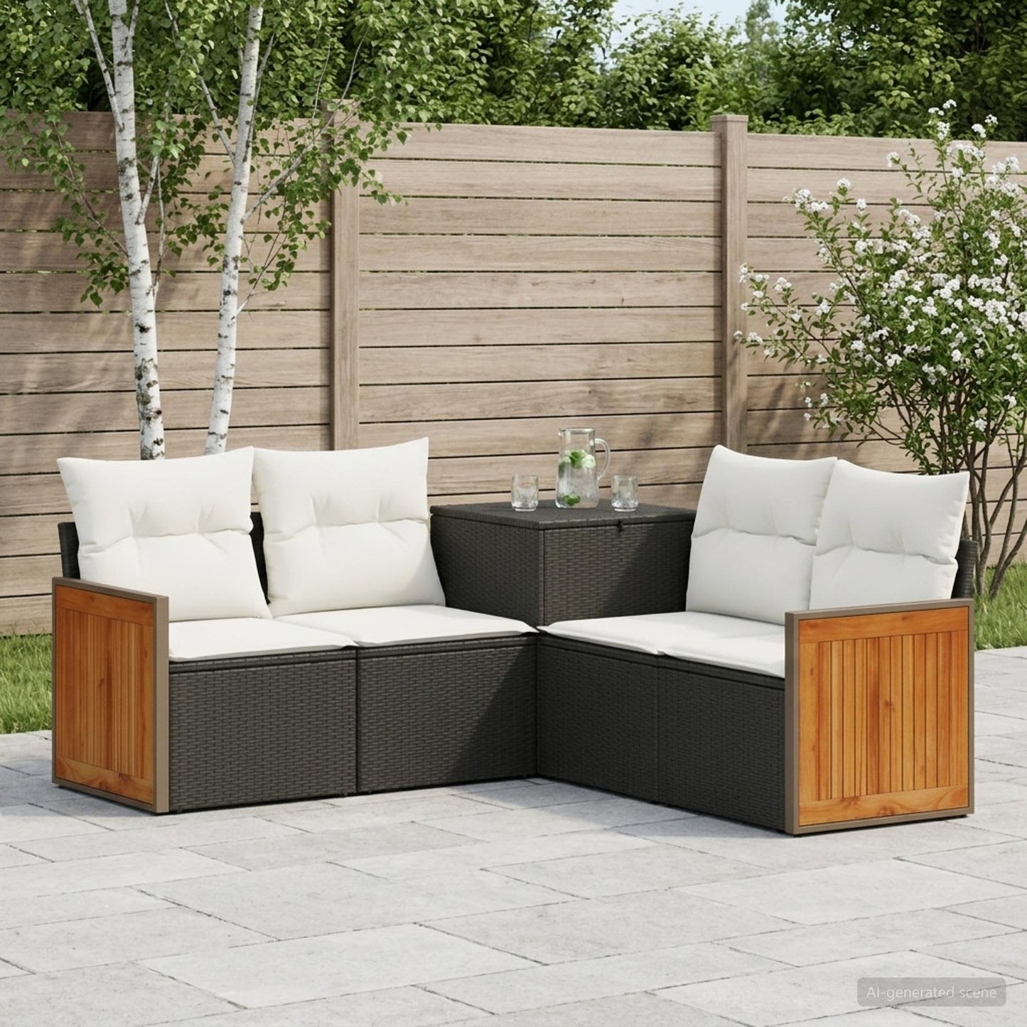 Sofa Set 5 stk. Schwarz und Cremeweiß Polyrattan und Stahl