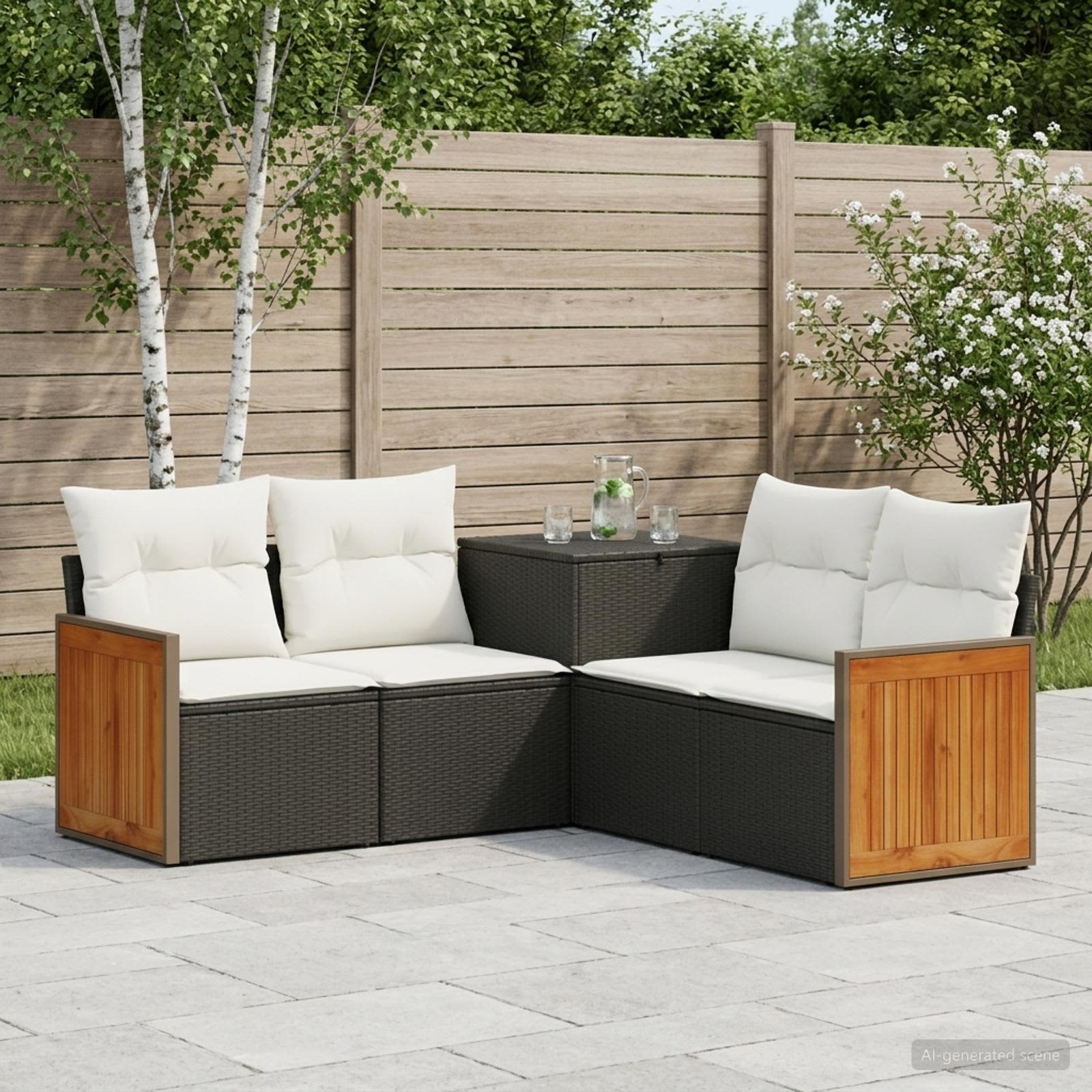 Sofa Set 5 stk. Schwarz und Cremeweiß Polyrattan und Stahl