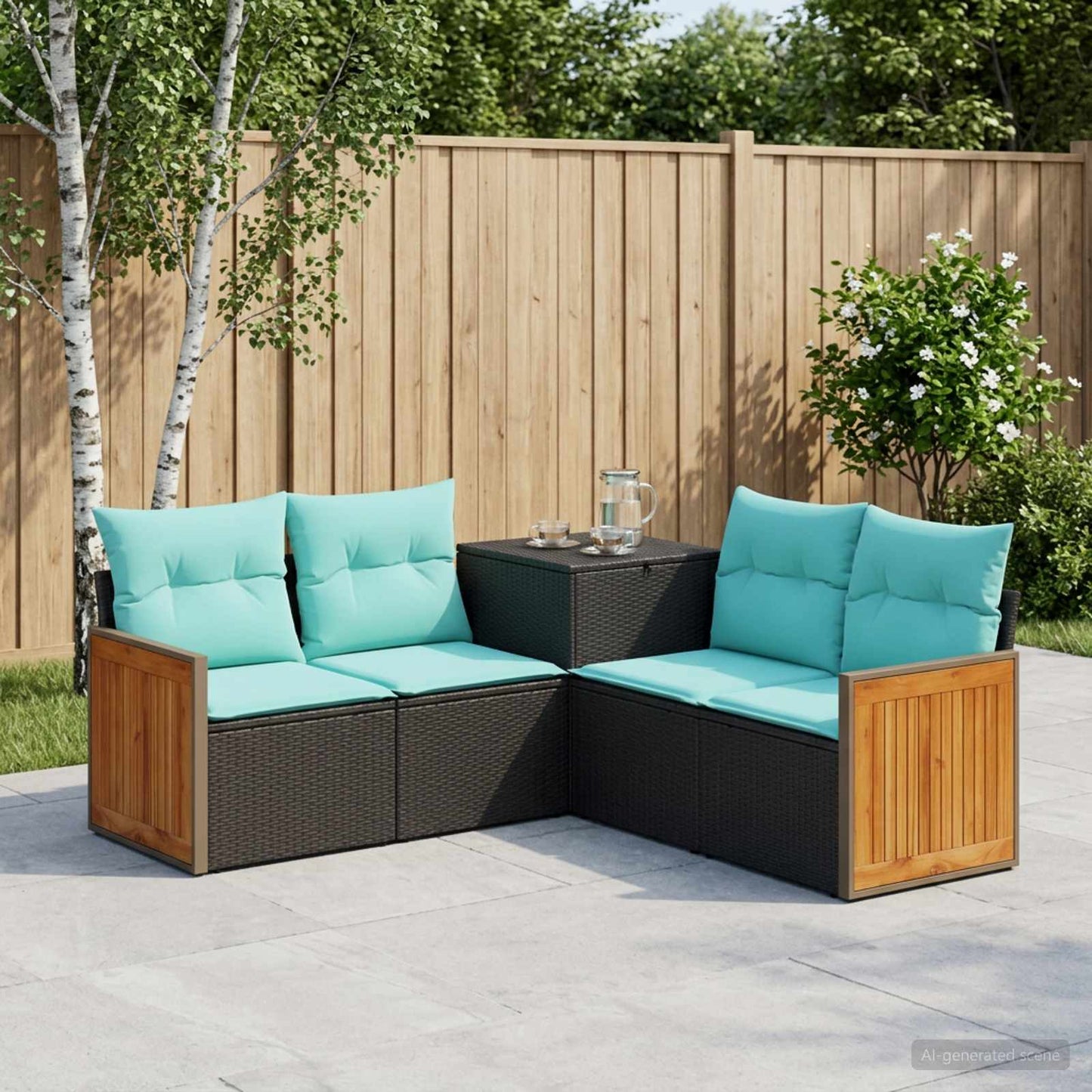 Sofa Set 5 stk. Schwarz und Blau Polyrattan und Stahl