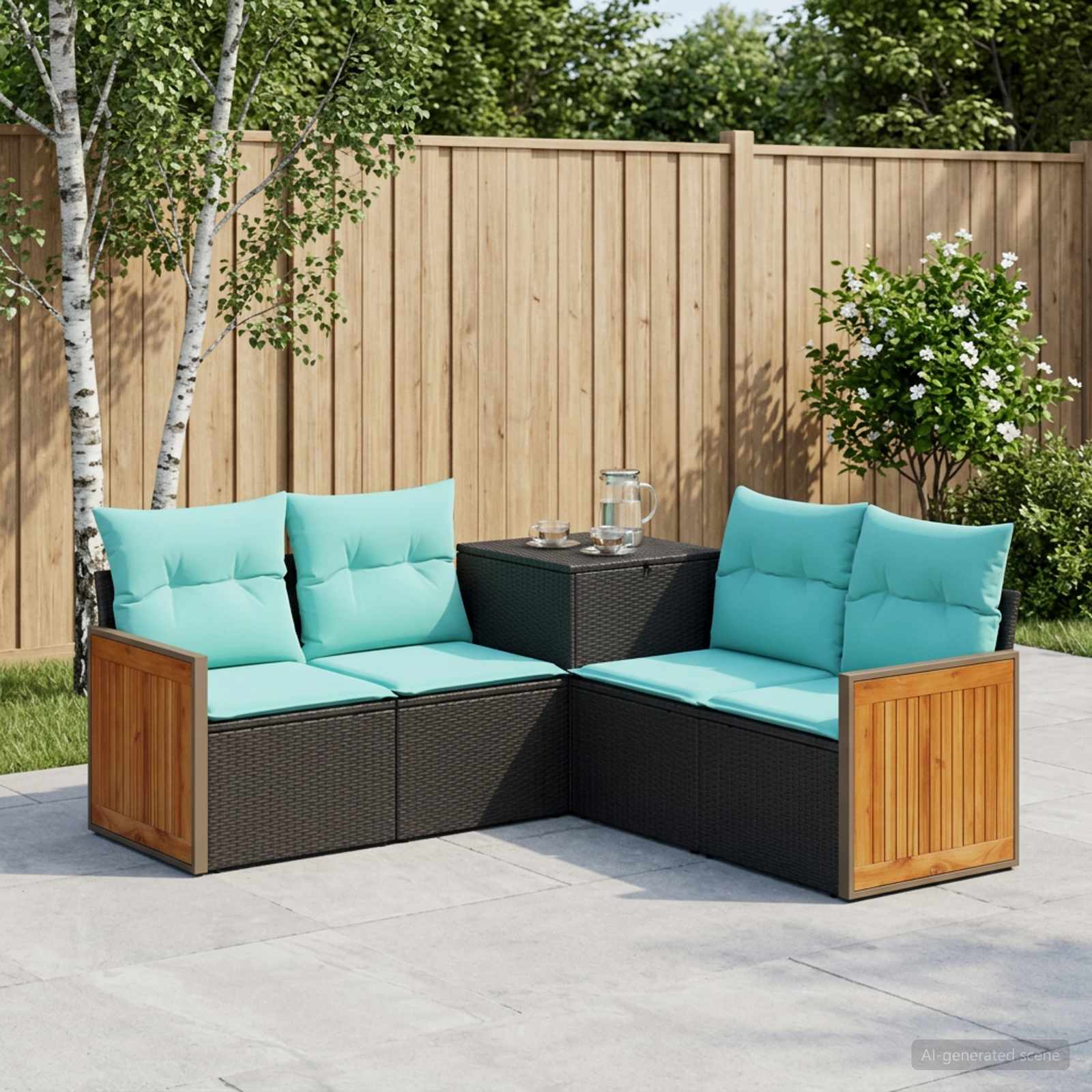 Sofa Set 5 stk. Schwarz und Blau Polyrattan und Stahl