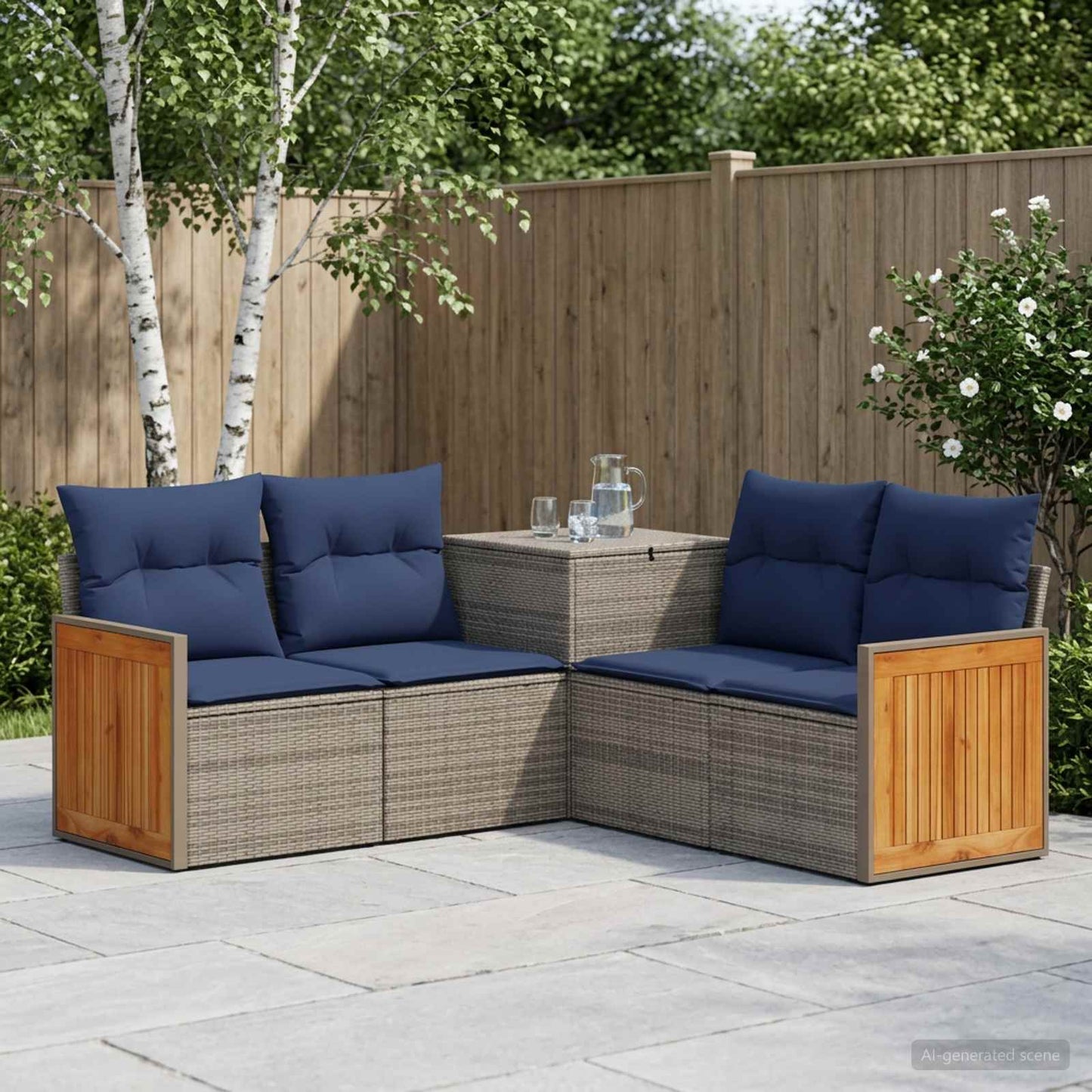 Sofa Set 5 stk. Grau und Marineblau Polyrattan und Stahl