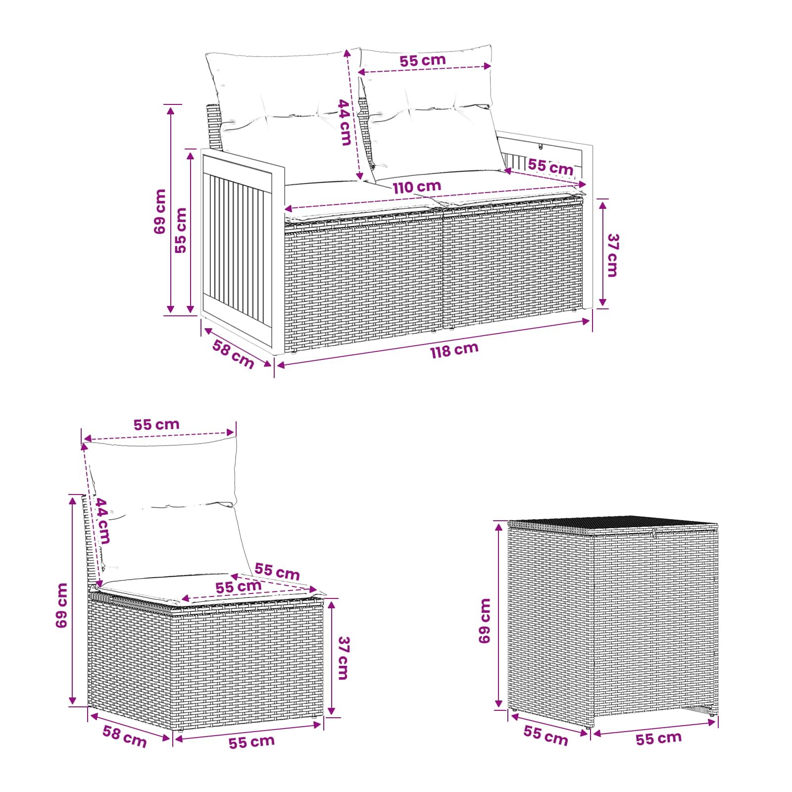 Sofa Set 5 stk. Grau und Marineblau Polyrattan und Stahl