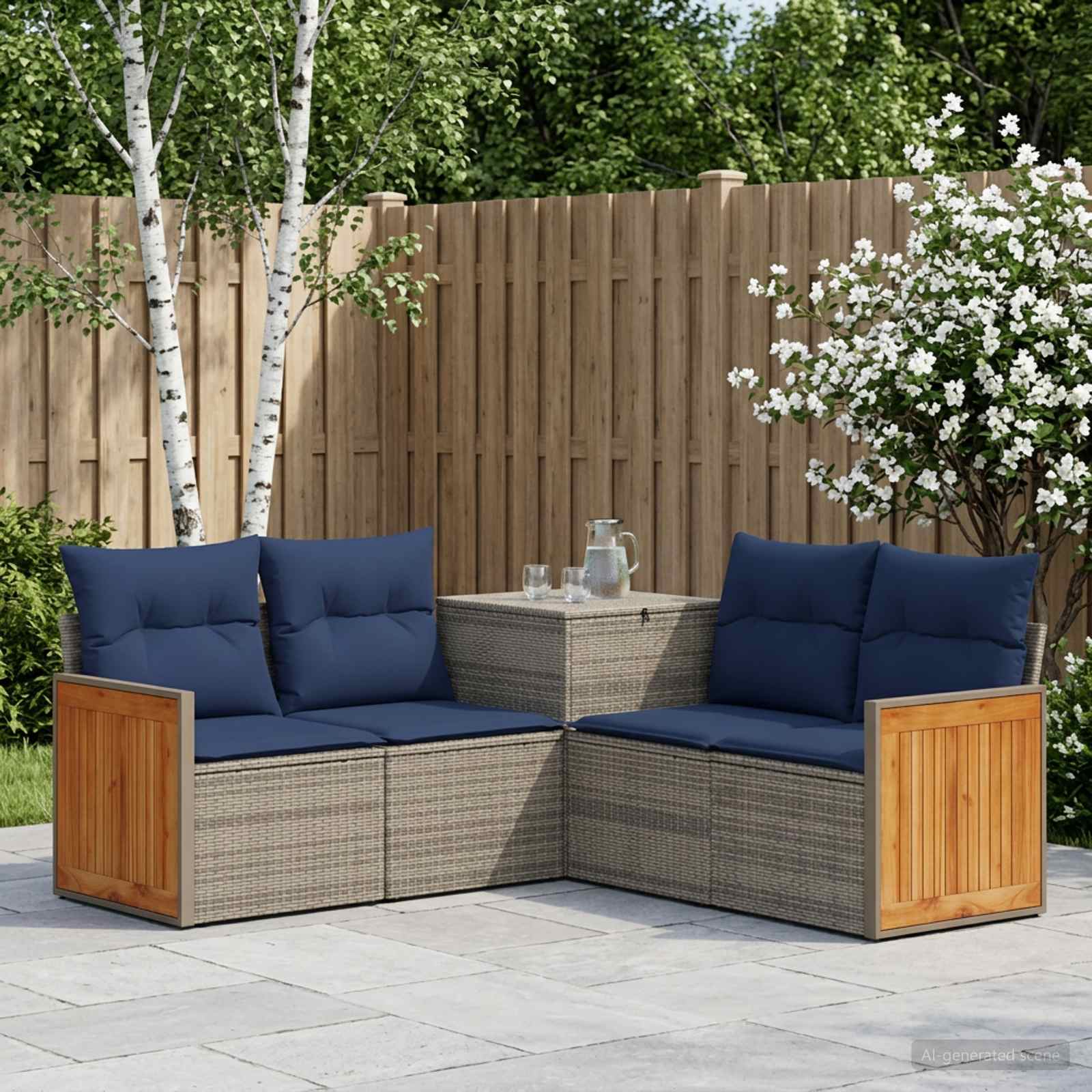 Sofa Set 5 stk. Grau und Marineblau Polyrattan und Stahl