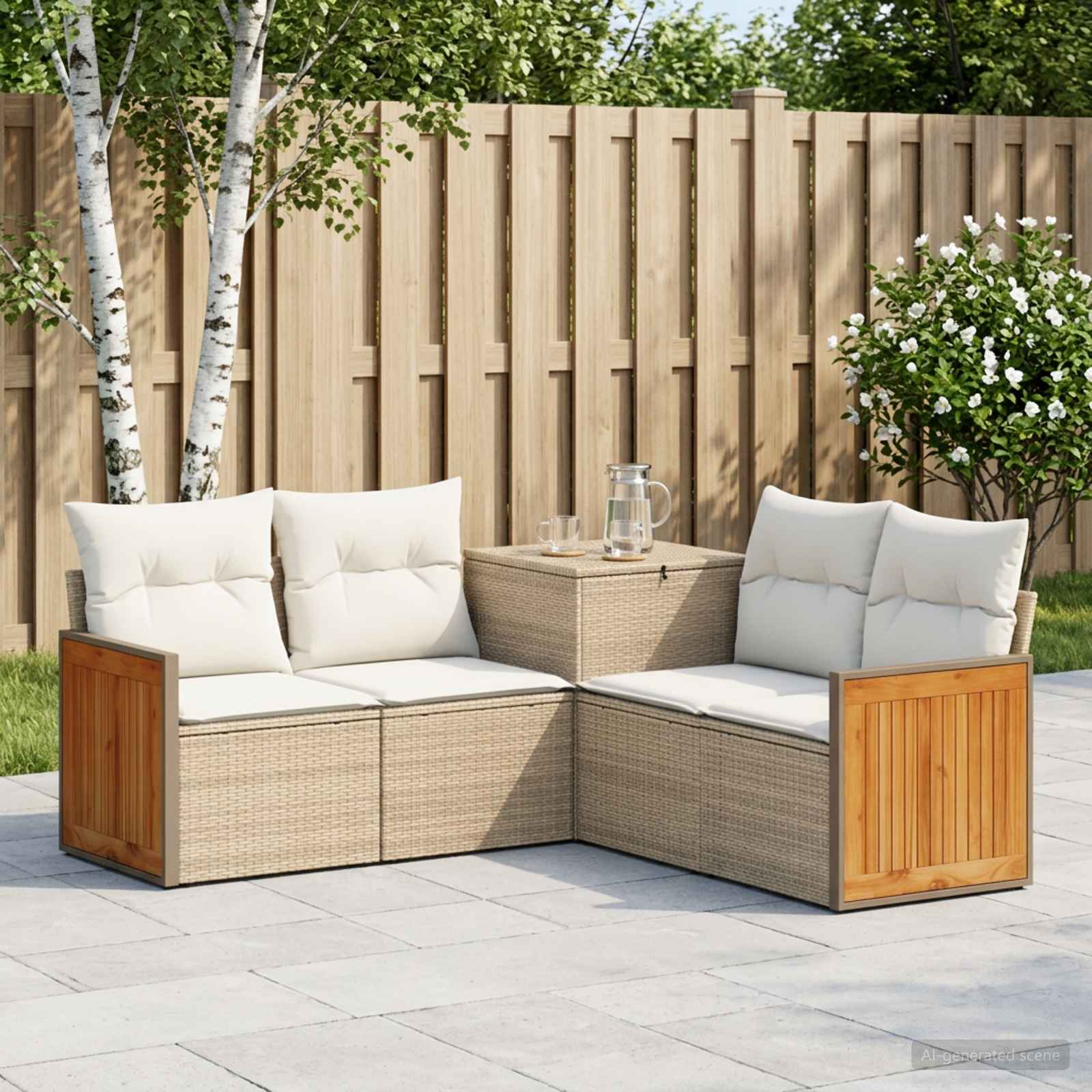 Sofa Set 5 stk. Beige und Cremeweiß Polyrattan und Stahl