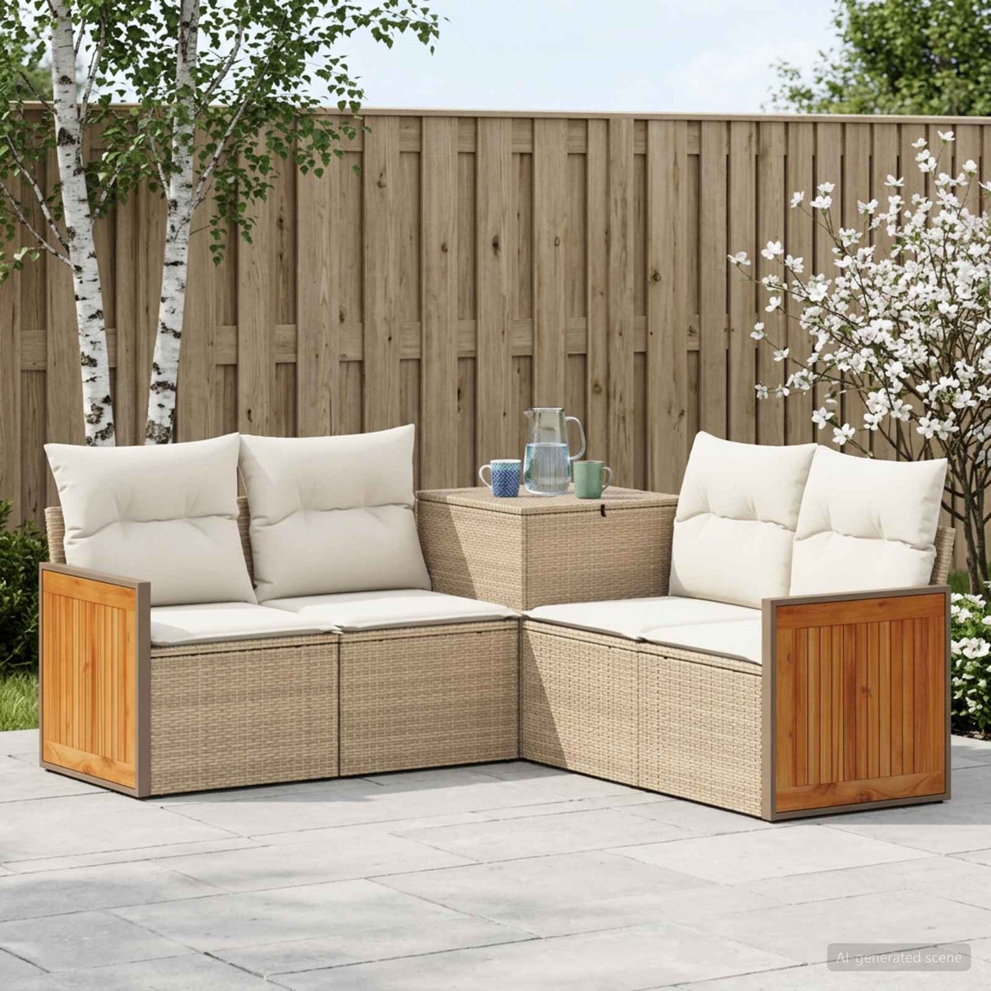 Sofa Set 5 stk. Beige und Cremeweiß Polyrattan und Stahl