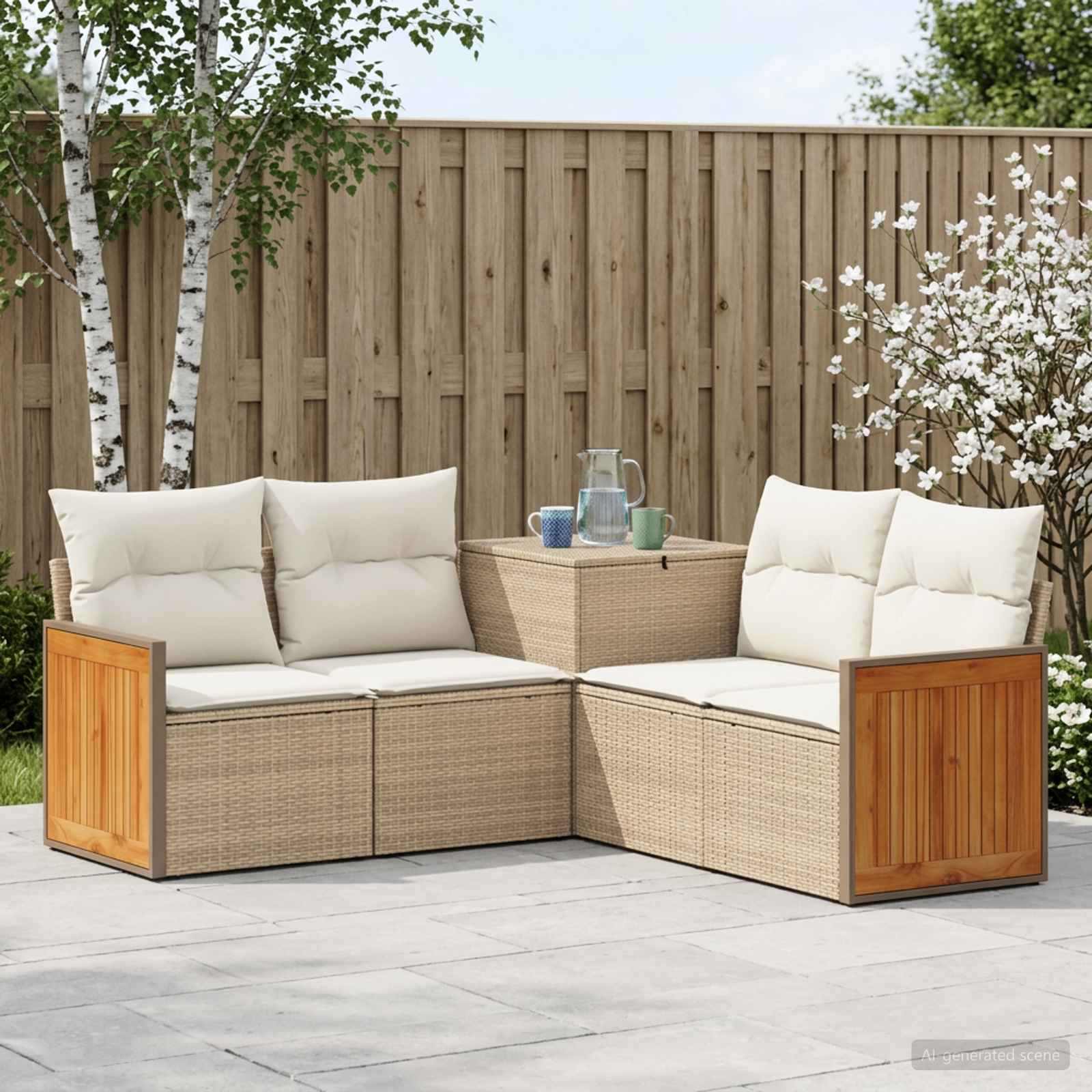 Sofa Set 5 stk. Beige und Cremeweiß Polyrattan und Stahl