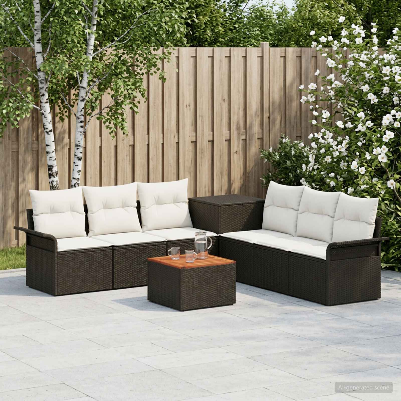 Sofa Set 8 stk. Schwarz und Cremeweiß Polyrattan und Stahl