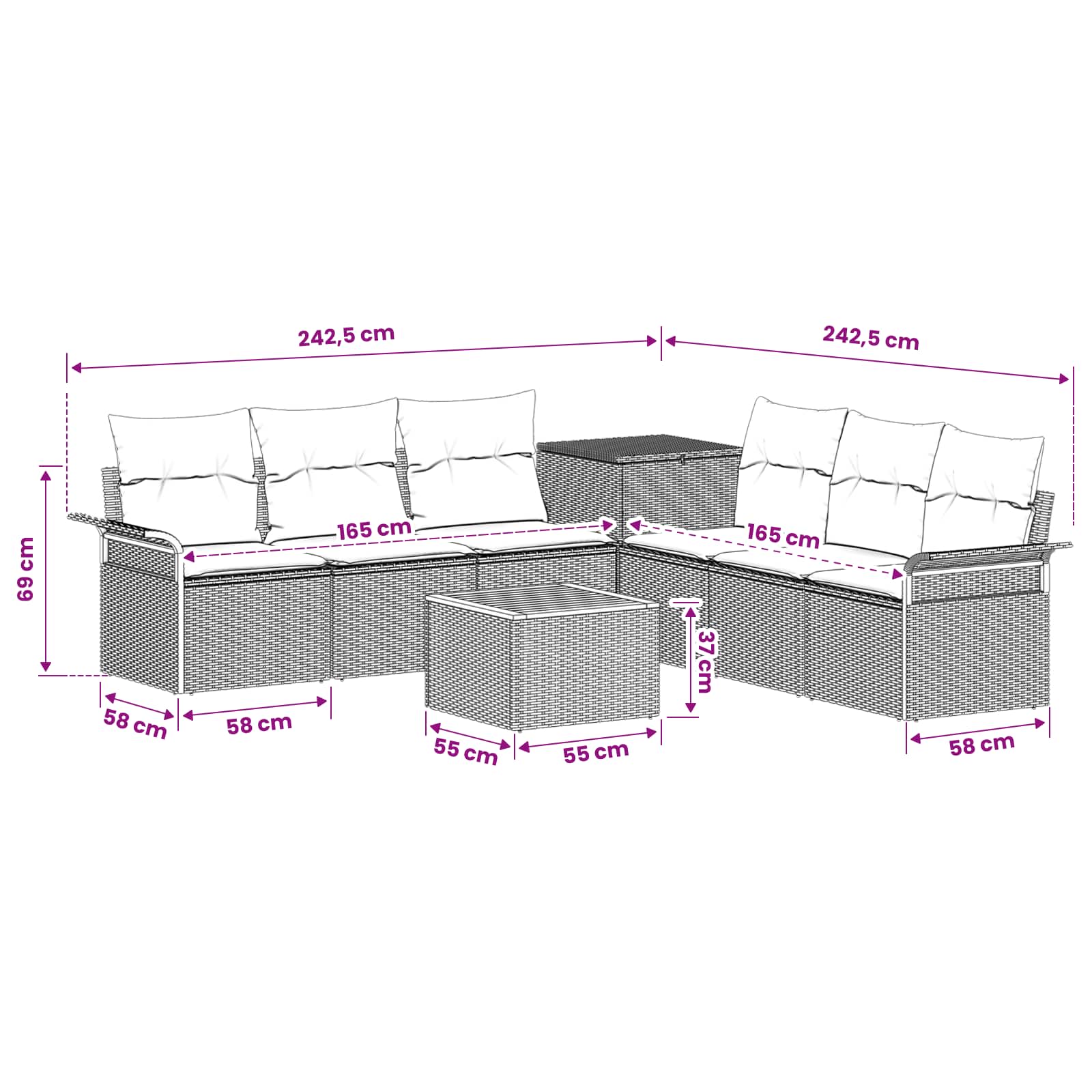 Sofa Set 8 stk. Schwarz und Cremeweiß Polyrattan und Stahl