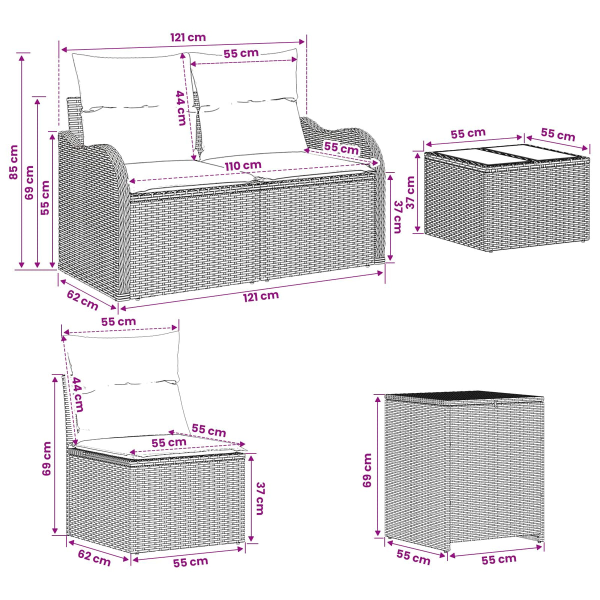 Sofa Set 8 stk. Schwarz und Cremeweiß 55 x 55 x 37 cm
