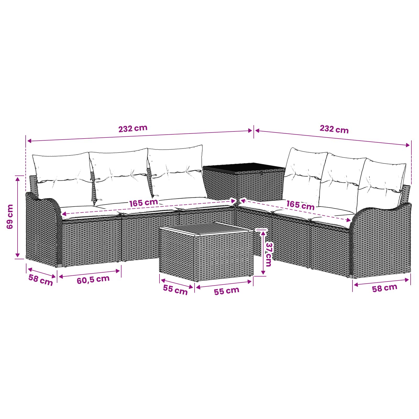 Sofa Set 8 stk. Schwarz Polyrattan und Stahl