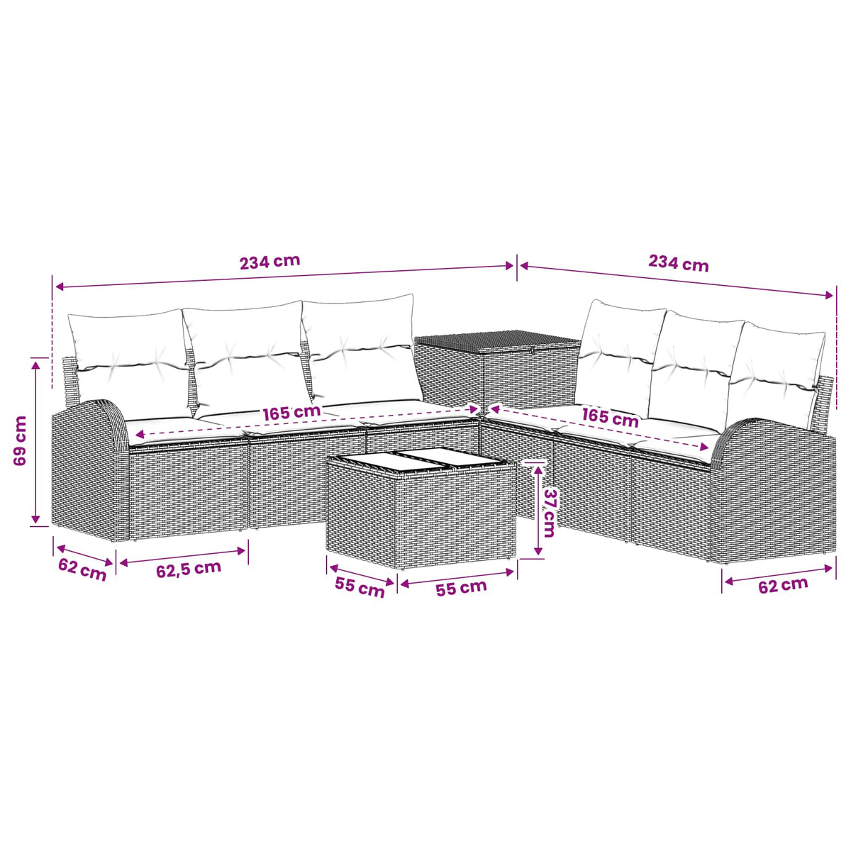 Sofa Set 8 stk. Schwarz 55 x 55 x 37 cm Polyrattan und Stahl