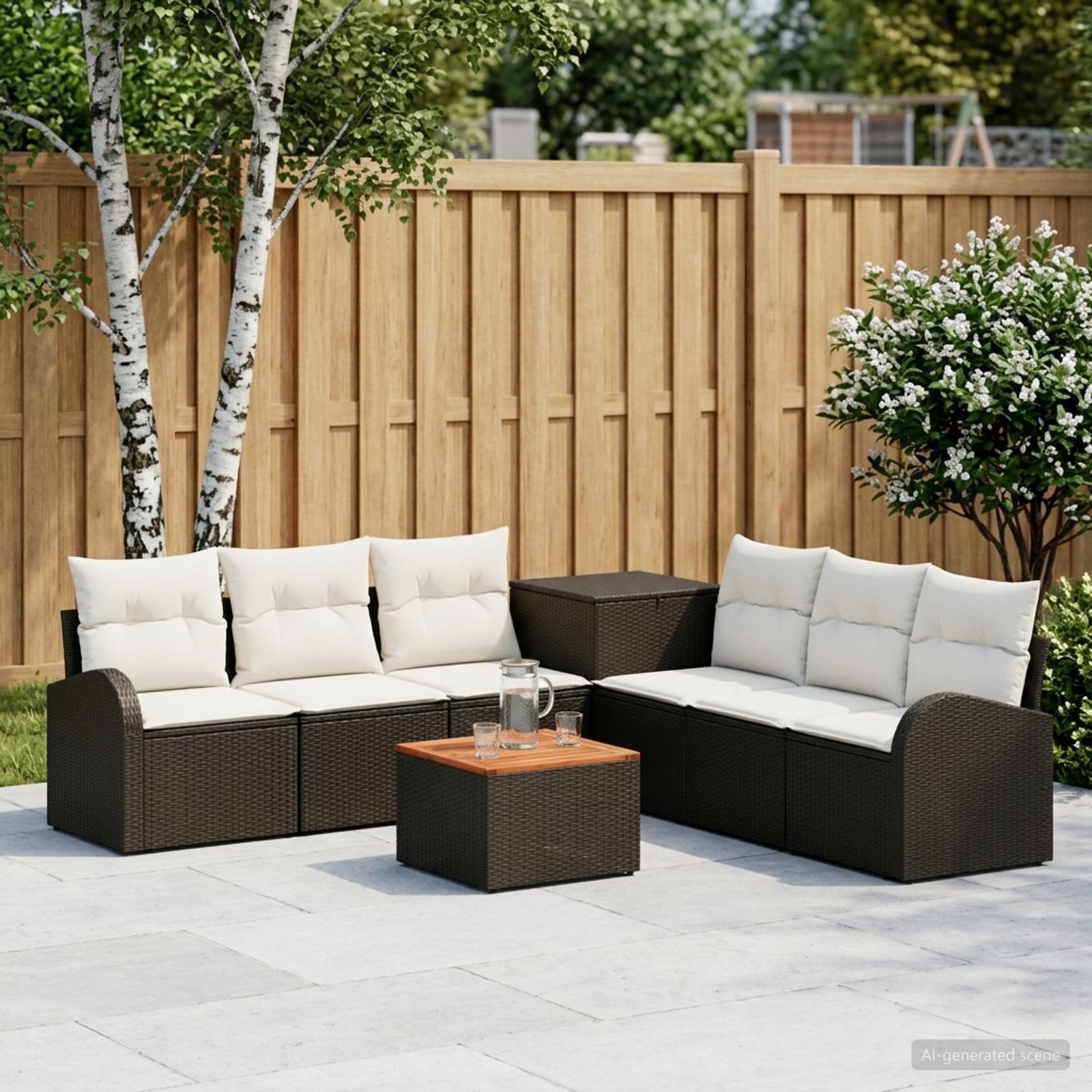 Sofa Set 8 stk. Schwarz und Cremeweiß Polyrattan und Stahl