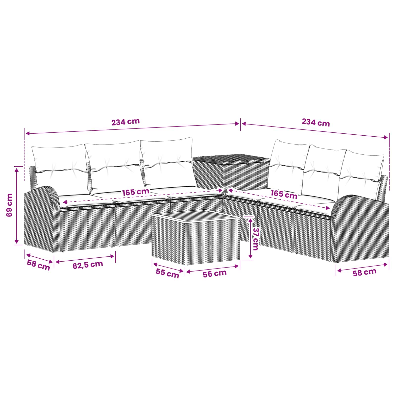 Sofa Set 8 stk. Schwarz und Cremeweiß Polyrattan und Stahl