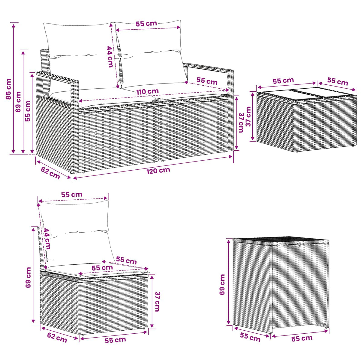 Sofa Set 8 stk. Schwarz 55 x 55 x 37 cm Polyrattan und Stahl