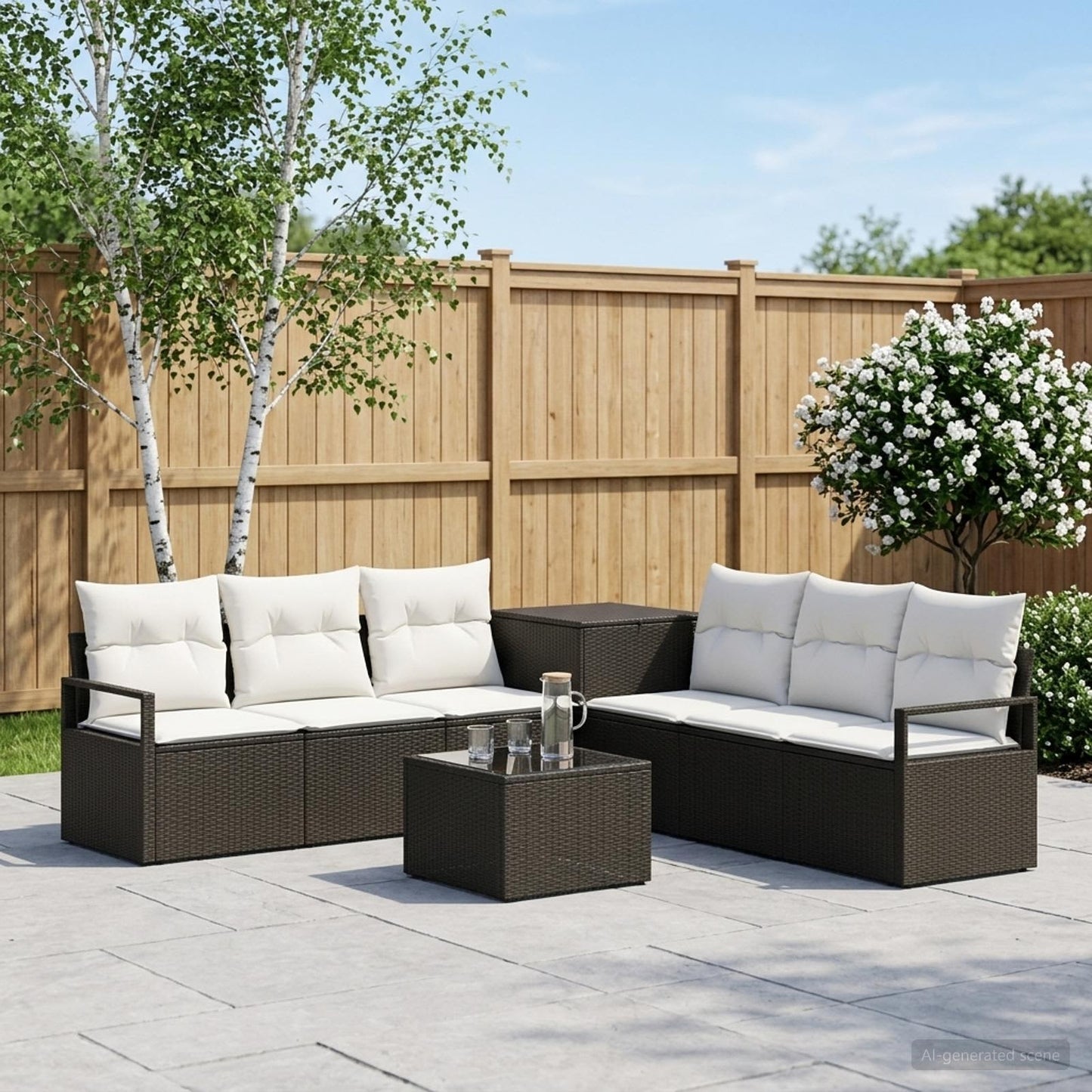 Sofa Set 8 stk. Schwarz und Cremeweiß Polyrattan und Stahl
