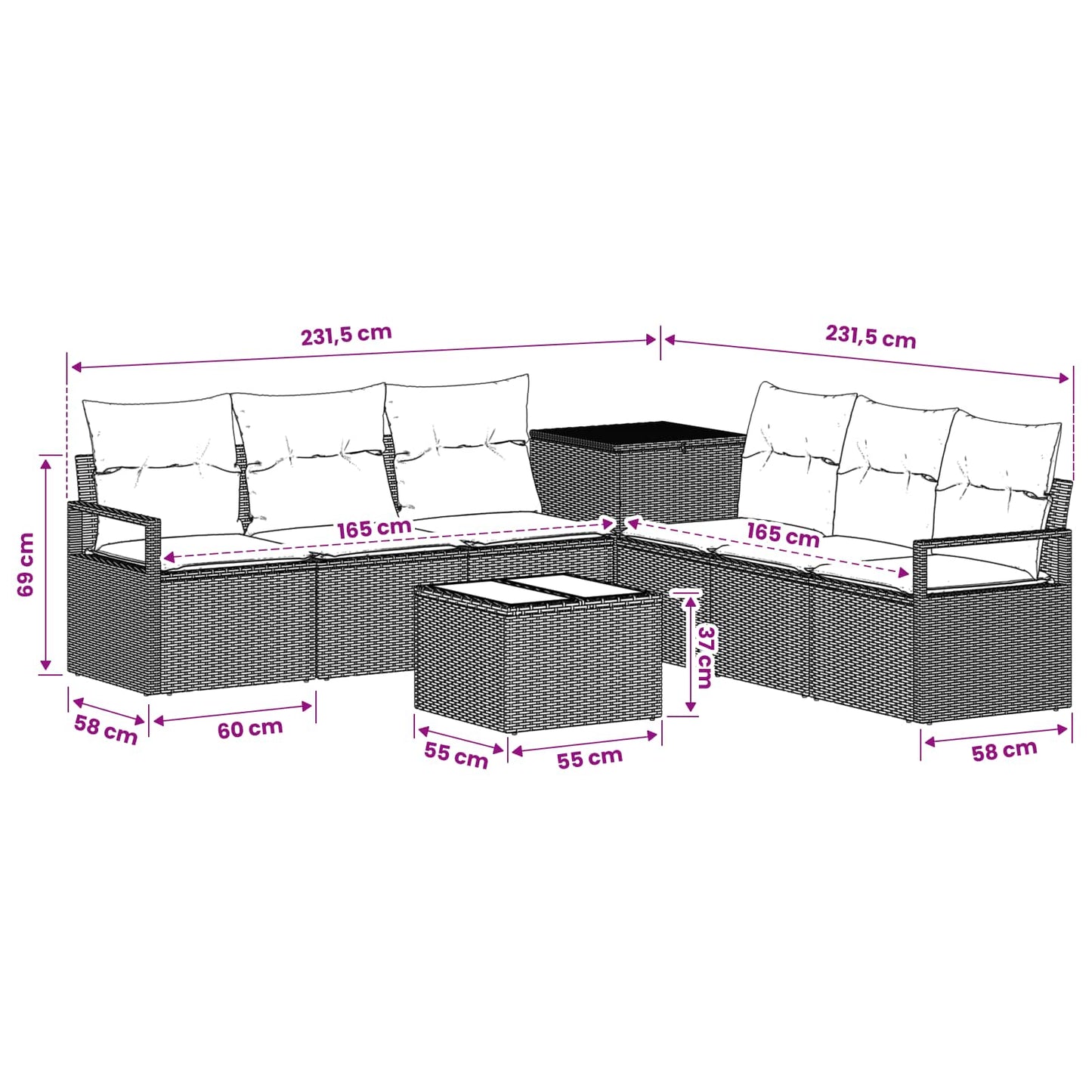 Sofa Set 8 stk. Schwarz und Cremeweiß Polyrattan und Stahl