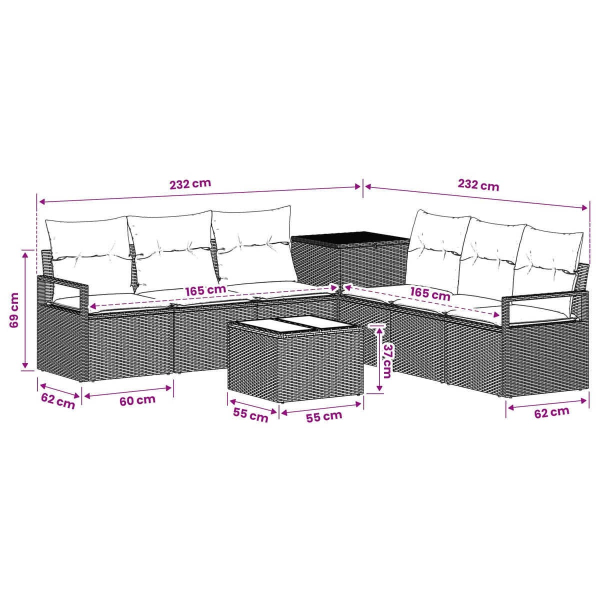 Sofa Set 8 stk. Schwarz und Cremeweiß 55 x 55 x 37 cm