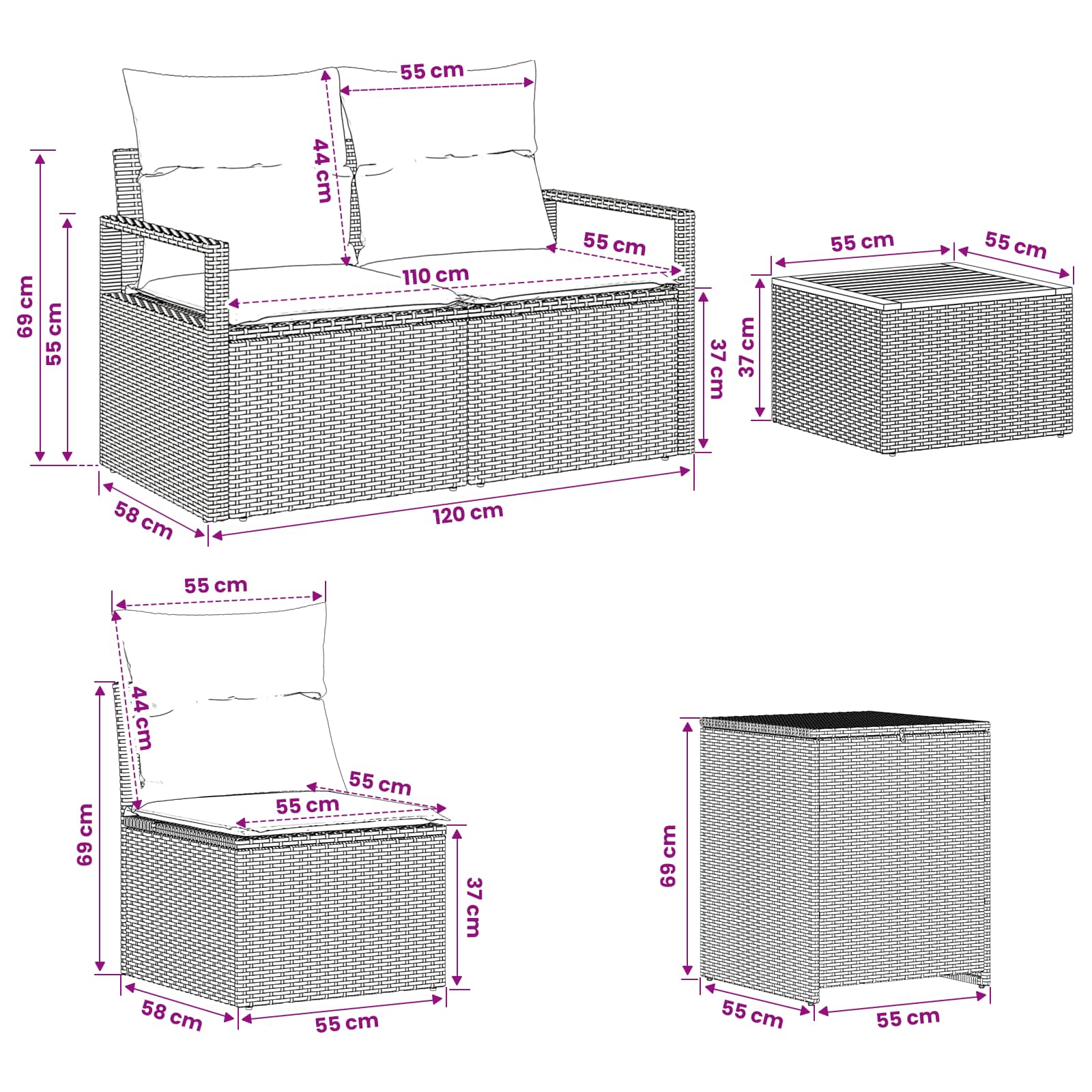 Sofa Set 8 stk. Schwarz Polyrattan und Stahl