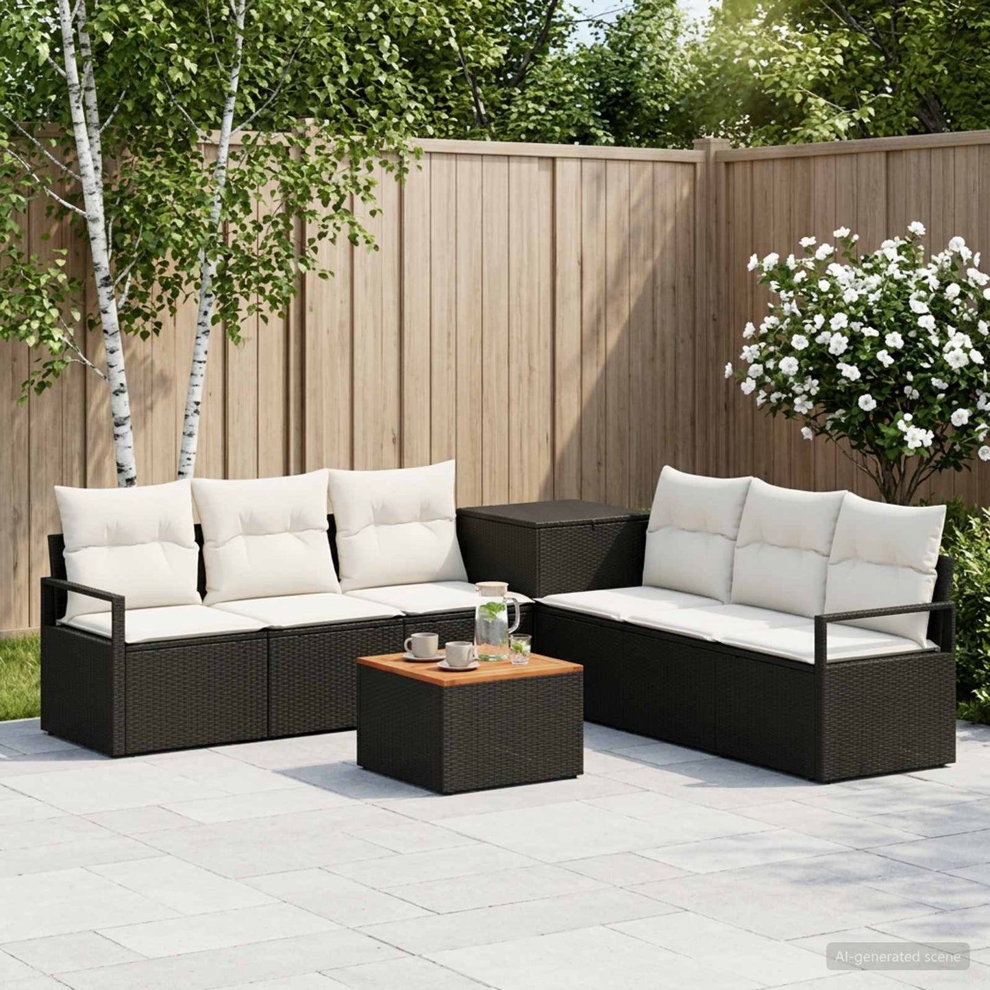 Sofa Set 8 stk. Schwarz und Cremeweiß Polyrattan und Stahl