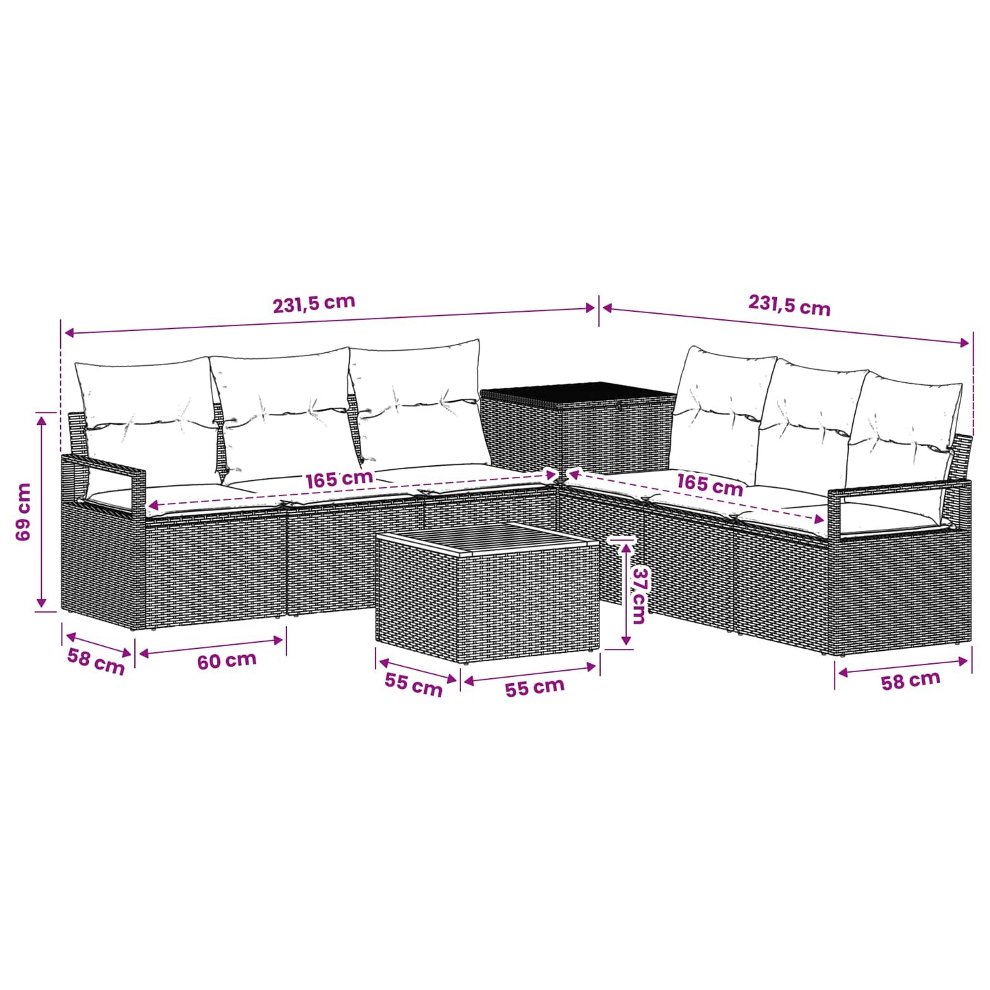 Sofa Set 8 stk. Schwarz und Cremeweiß Polyrattan und Stahl
