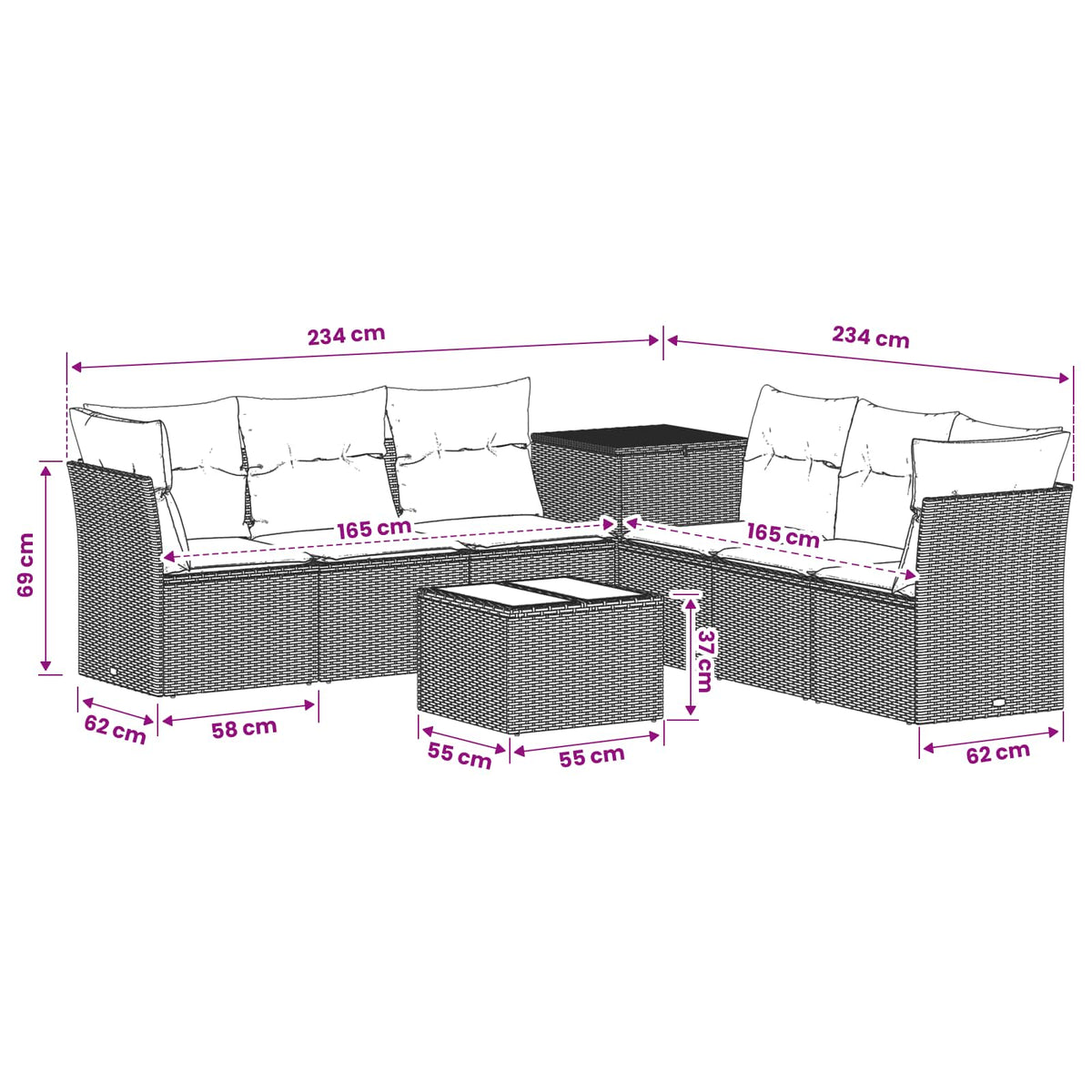 Sofa Set 8 stk. Schwarz und Blau 55 x 55 x 37 cm