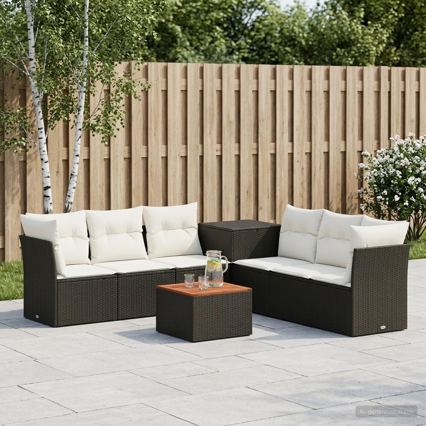 Sofa Set 8 stk. Schwarz und Cremeweiß Polyrattan und Stahl