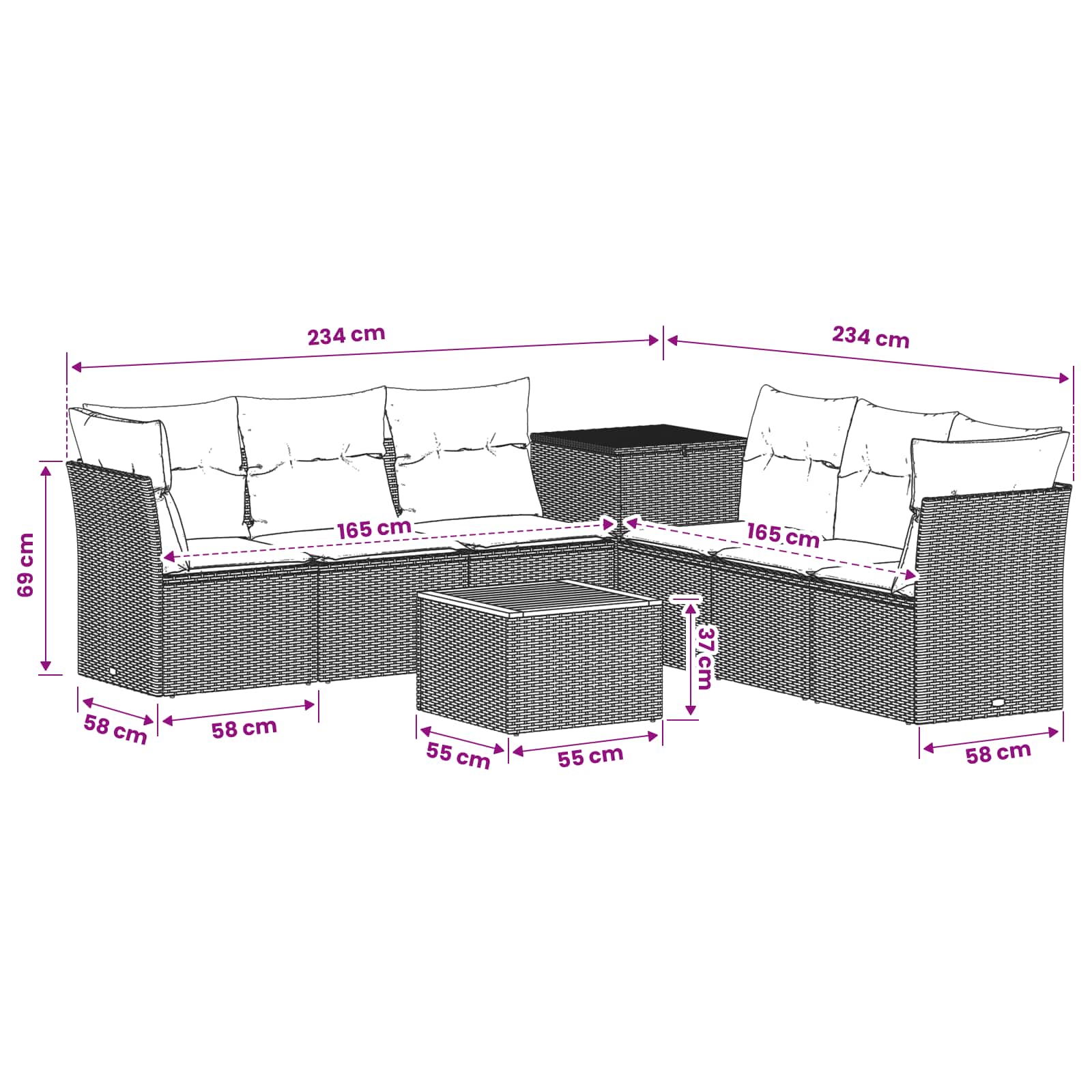 Sofa Set 8 stk. Schwarz und Cremeweiß Polyrattan und Stahl