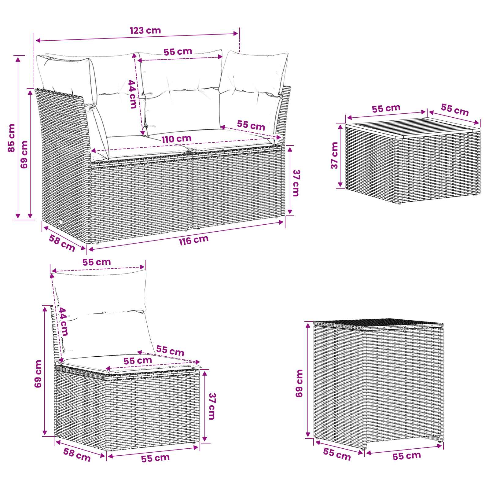 Sofa Set 8 stk. Schwarz und Cremeweiß Polyrattan und Stahl