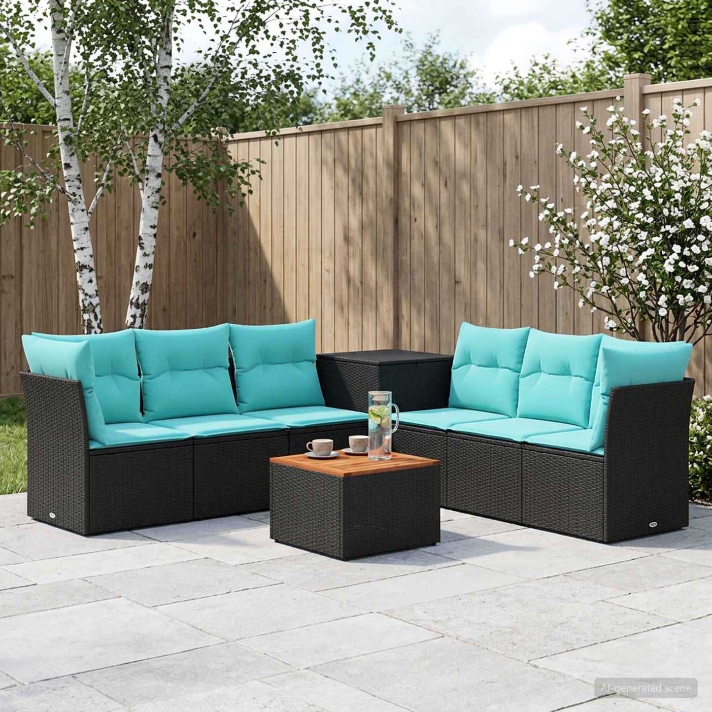 Sofa Set 8 stk. Schwarz und Blau Polyrattan und Stahl