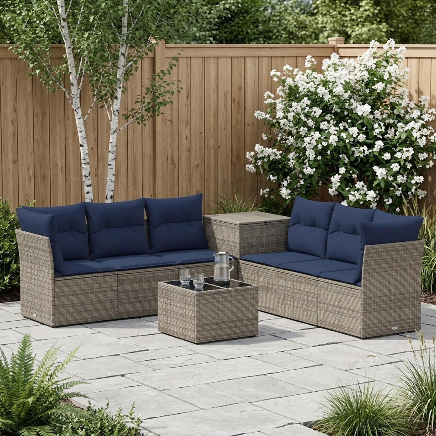 Sofa Set 8 stk. Grau und Marineblau Polyrattan und Stahl