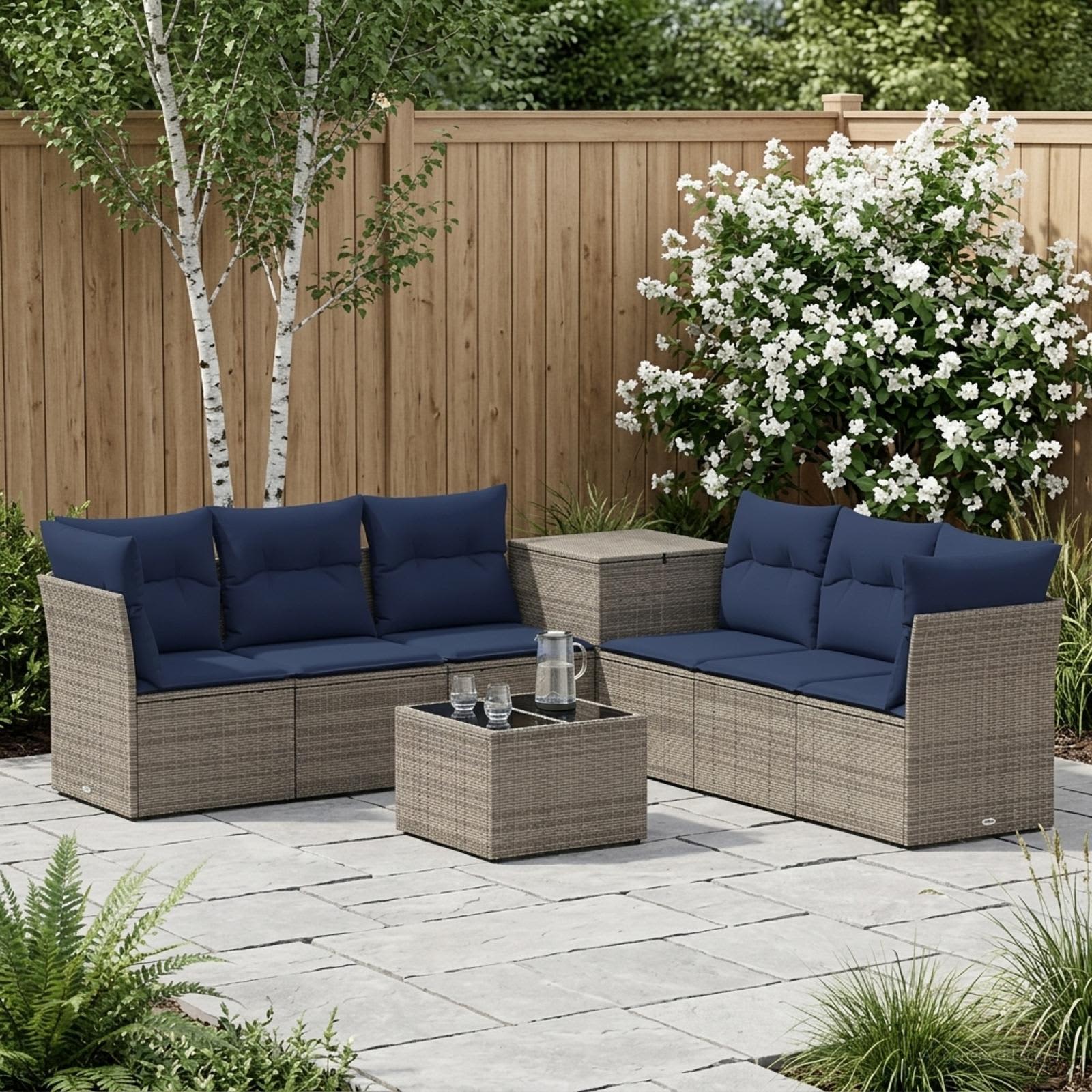 Sofa Set 8 stk. Grau und Marineblau Polyrattan und Stahl