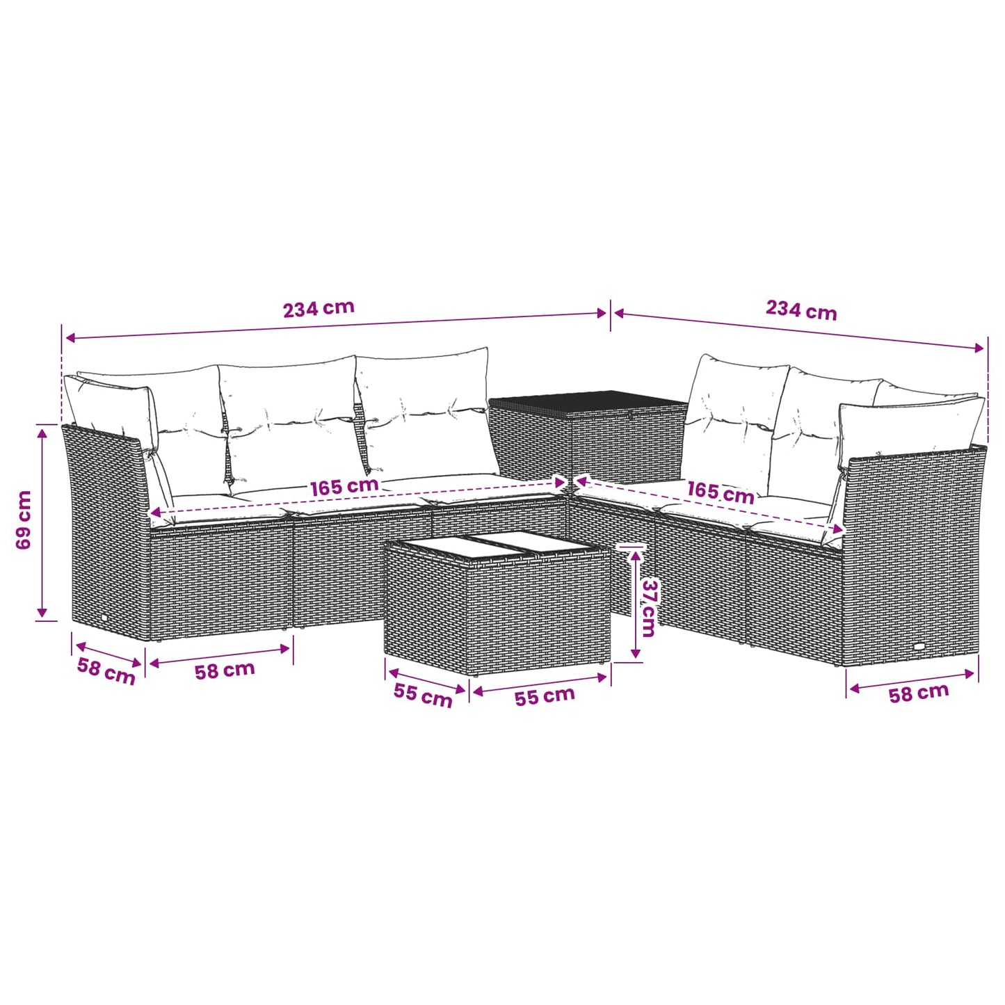 Sofa Set 8 stk. Grau und Marineblau Polyrattan und Stahl
