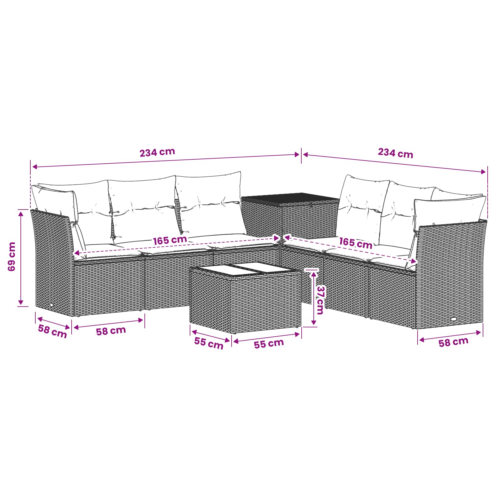 Sofa Set 8 stk. Grau und Marineblau Polyrattan und Stahl