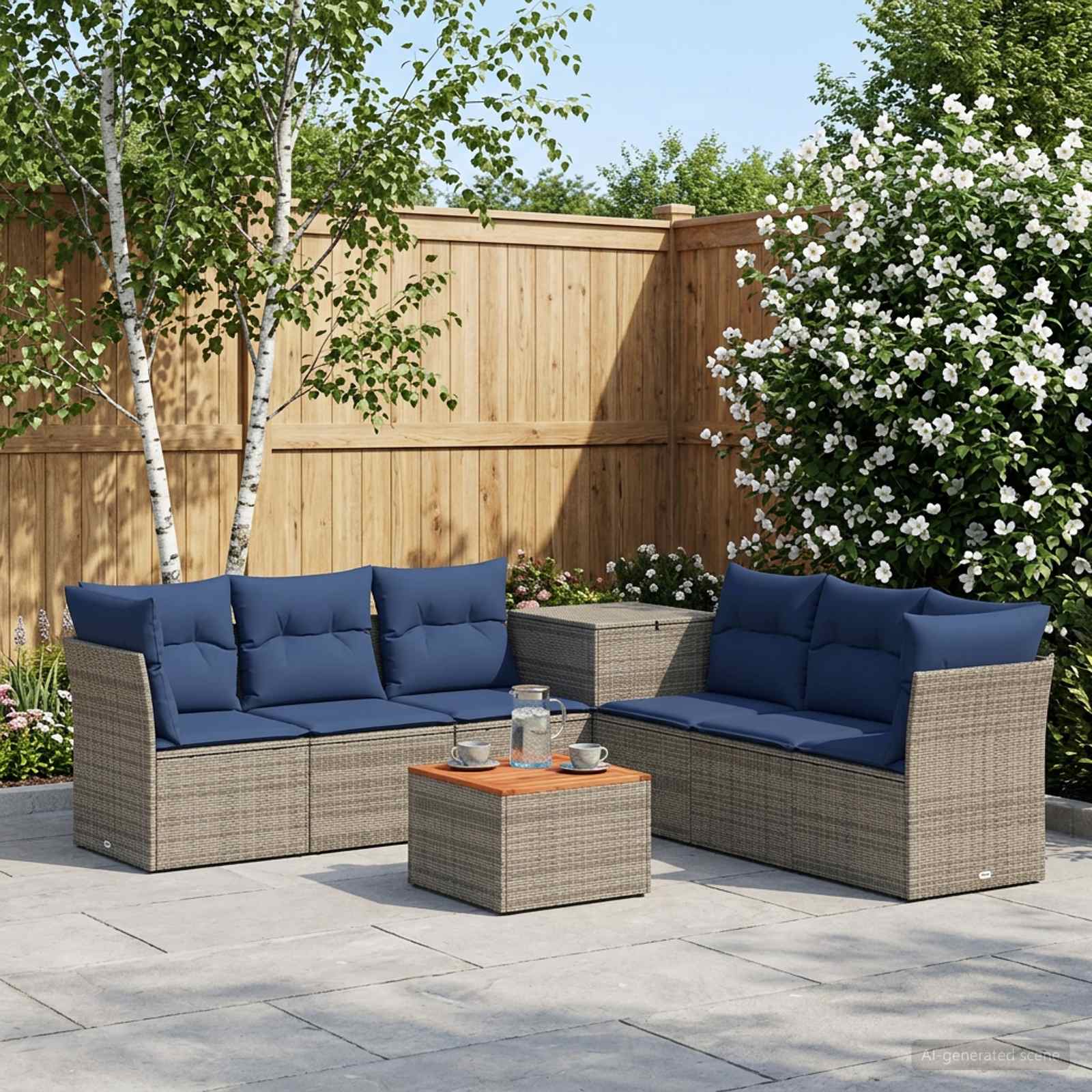 Sofa Set 8 stk. Grau und Marineblau Polyrattan und Stahl