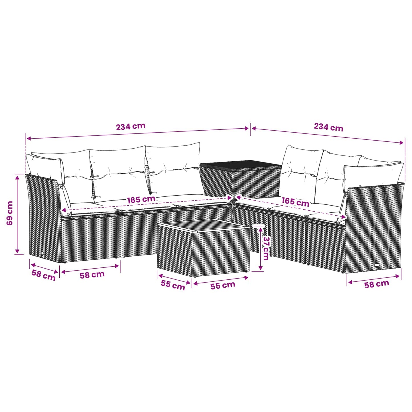 Sofa Set 8 stk. Grau und Marineblau Polyrattan und Stahl