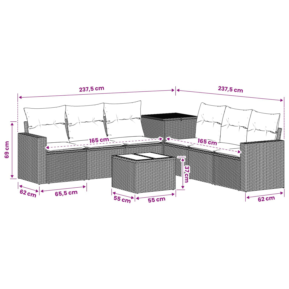 Sofa Set 8 stk. Schwarz 55 x 55 x 37 cm Polyrattan und Stahl