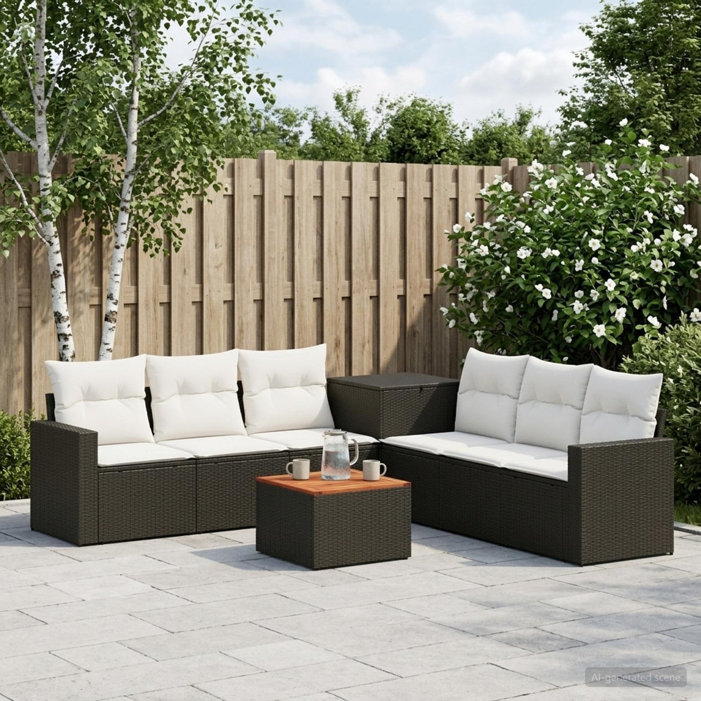 Sofa Set 8 stk. Schwarz und Cremeweiß Polyrattan und Stahl