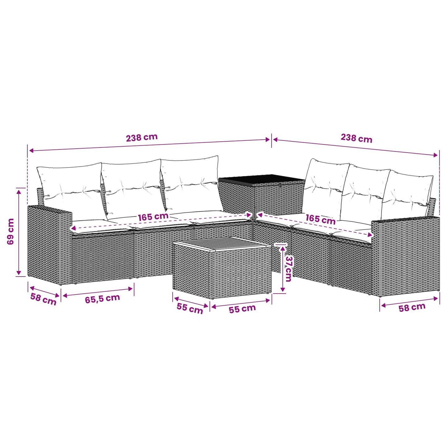 Sofa Set 8 stk. Schwarz und Cremeweiß Polyrattan und Stahl