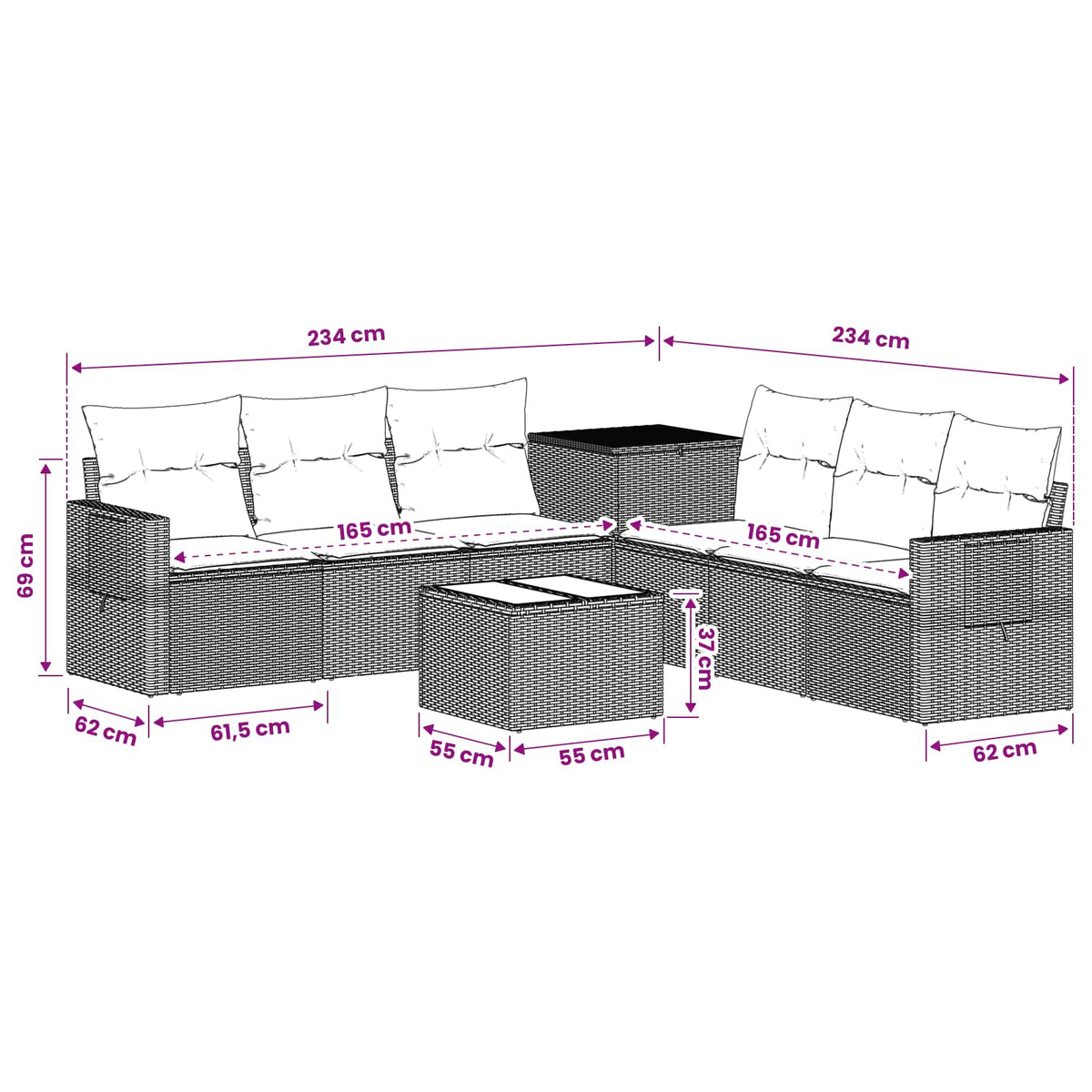 Sofa Set 8 stk. Schwarz und Cremeweiß 55 x 55 x 37 cm